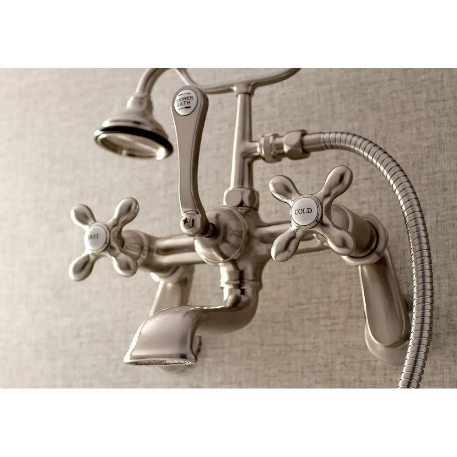 Kingston Brass Aqua Vintage Wall Mount 2-Hole Clawfoot Tub Faucet with Hand Shower
