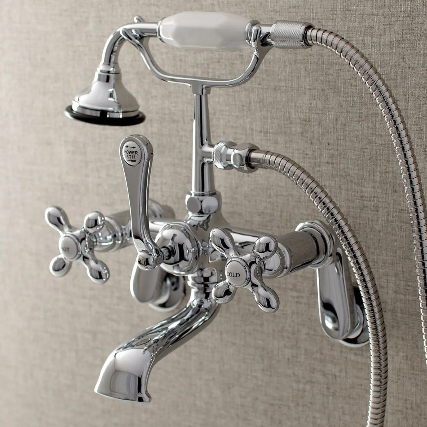 Kingston Brass Aqua Vintage Wall Mount 2-Hole Clawfoot Tub Faucet with Hand Shower