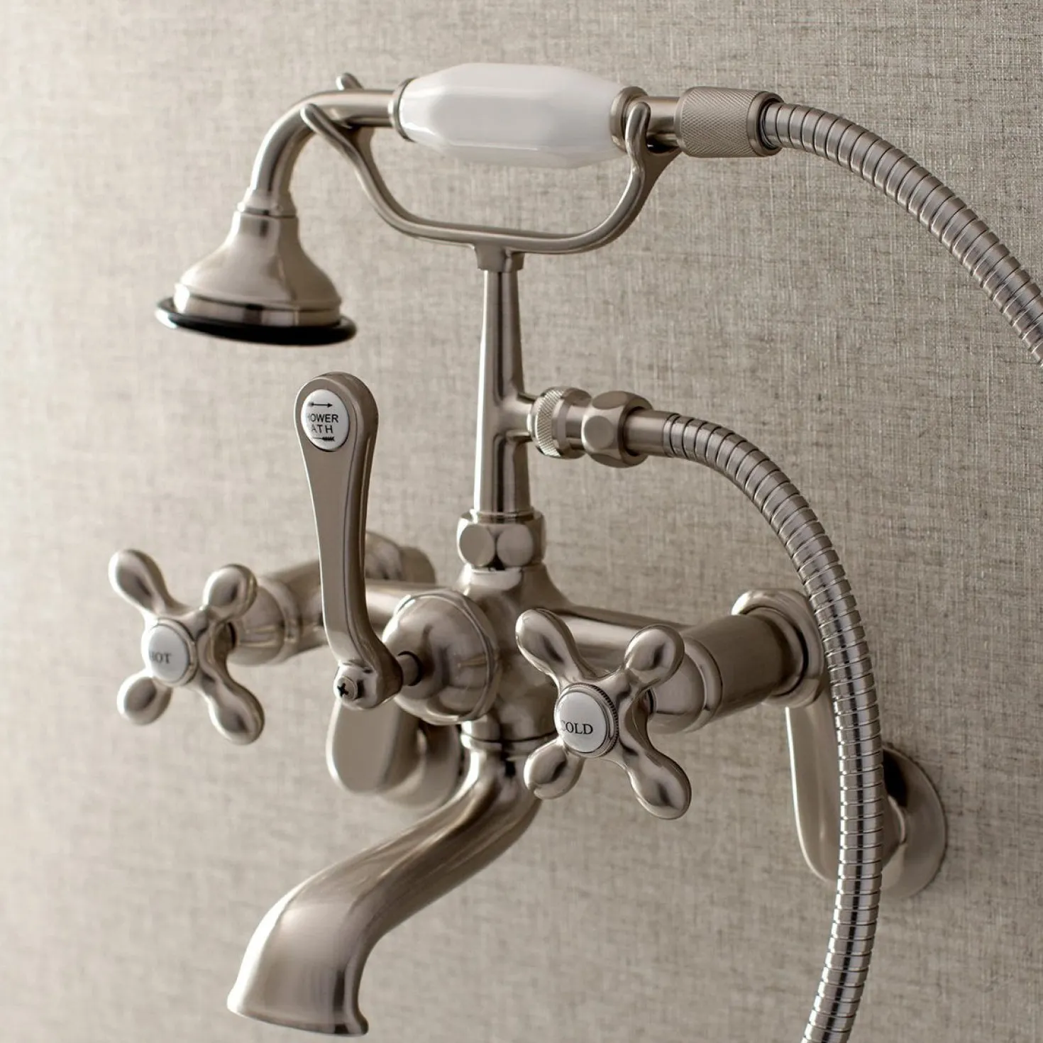 Kingston Brass Aqua Vintage Wall Mount 2-Hole Clawfoot Tub Faucet with Hand Shower