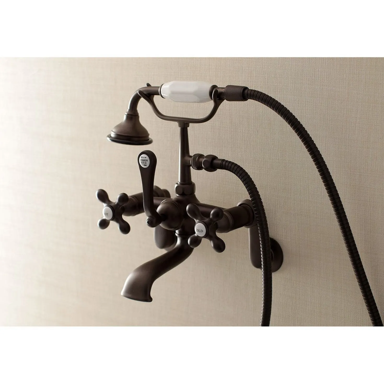Kingston Brass Aqua Vintage Wall Mount 2-Hole Clawfoot Tub Faucet with Hand Shower