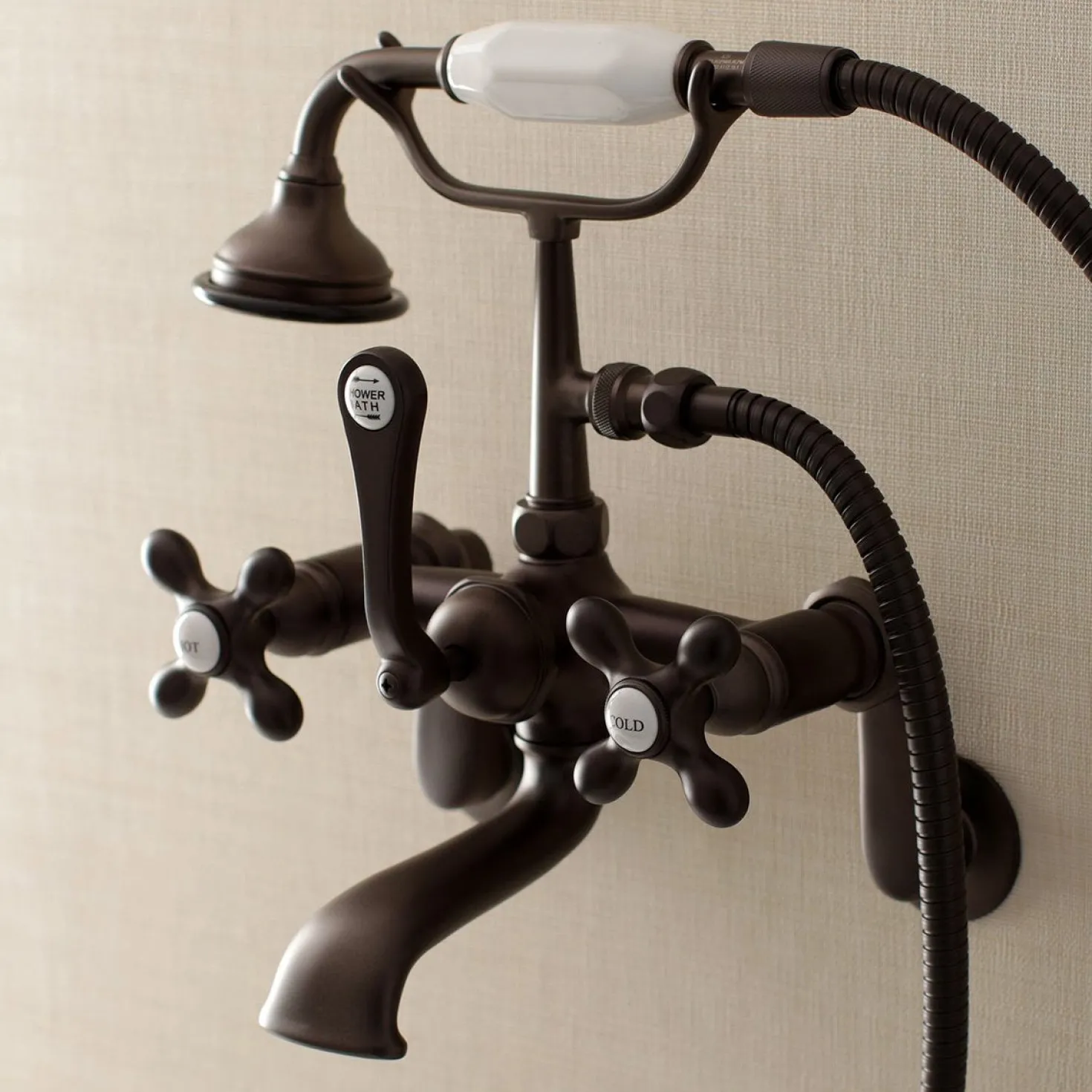 Kingston Brass Aqua Vintage Wall Mount 2-Hole Clawfoot Tub Faucet with Hand Shower