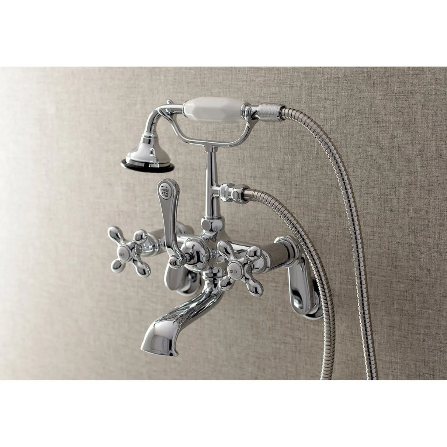 Kingston Brass Aqua Vintage Wall Mount 2-Hole Clawfoot Tub Faucet with Hand Shower