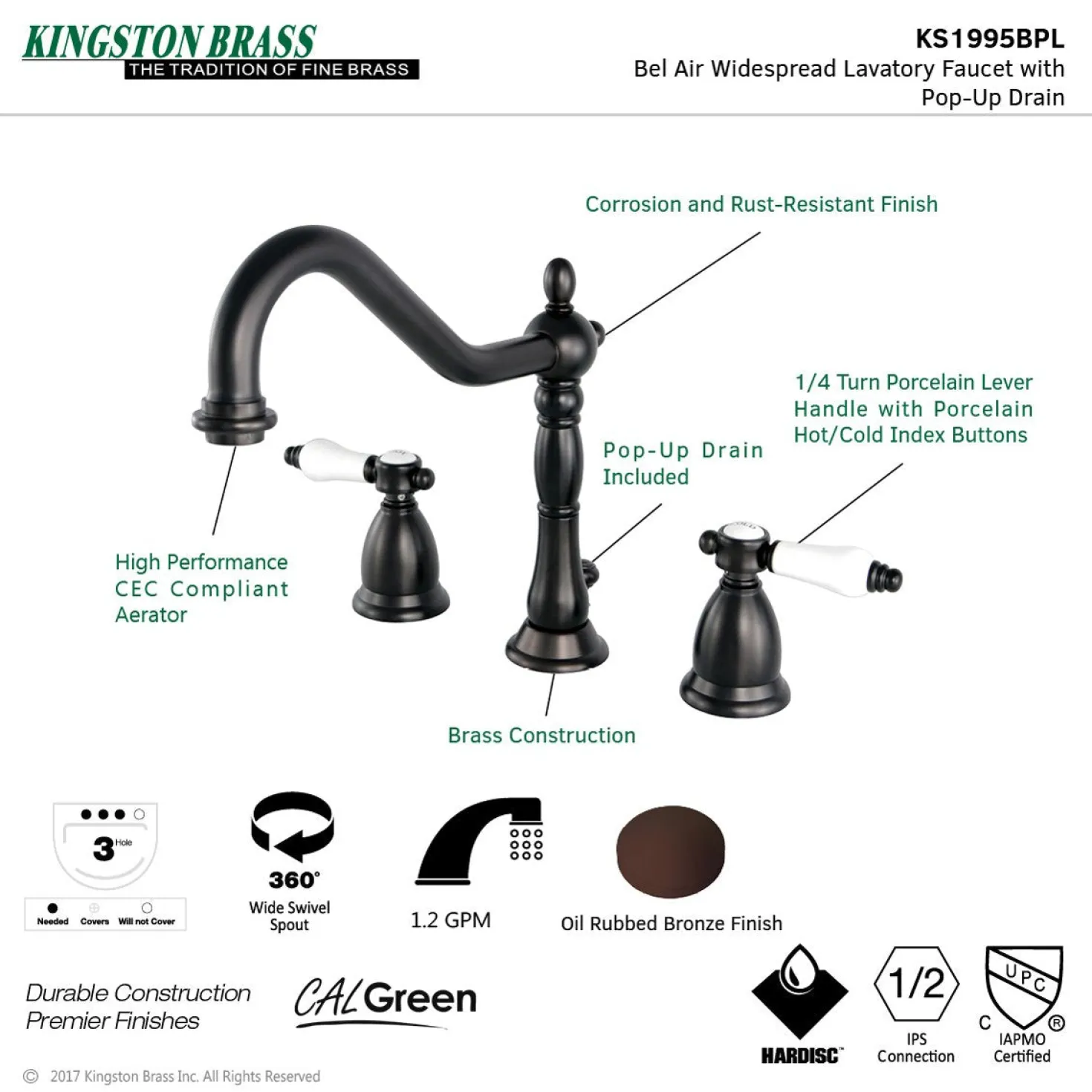 Kingston Brass Bel-Air Deck Mount 8" Widespread 3-Hole Bathroom Faucet