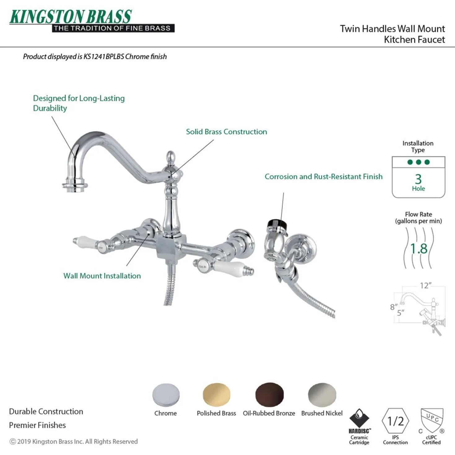 Kingston Brass Bel-Air 8-Inch Centerset Wall Mount Kitchen Faucet with Brass Sprayer