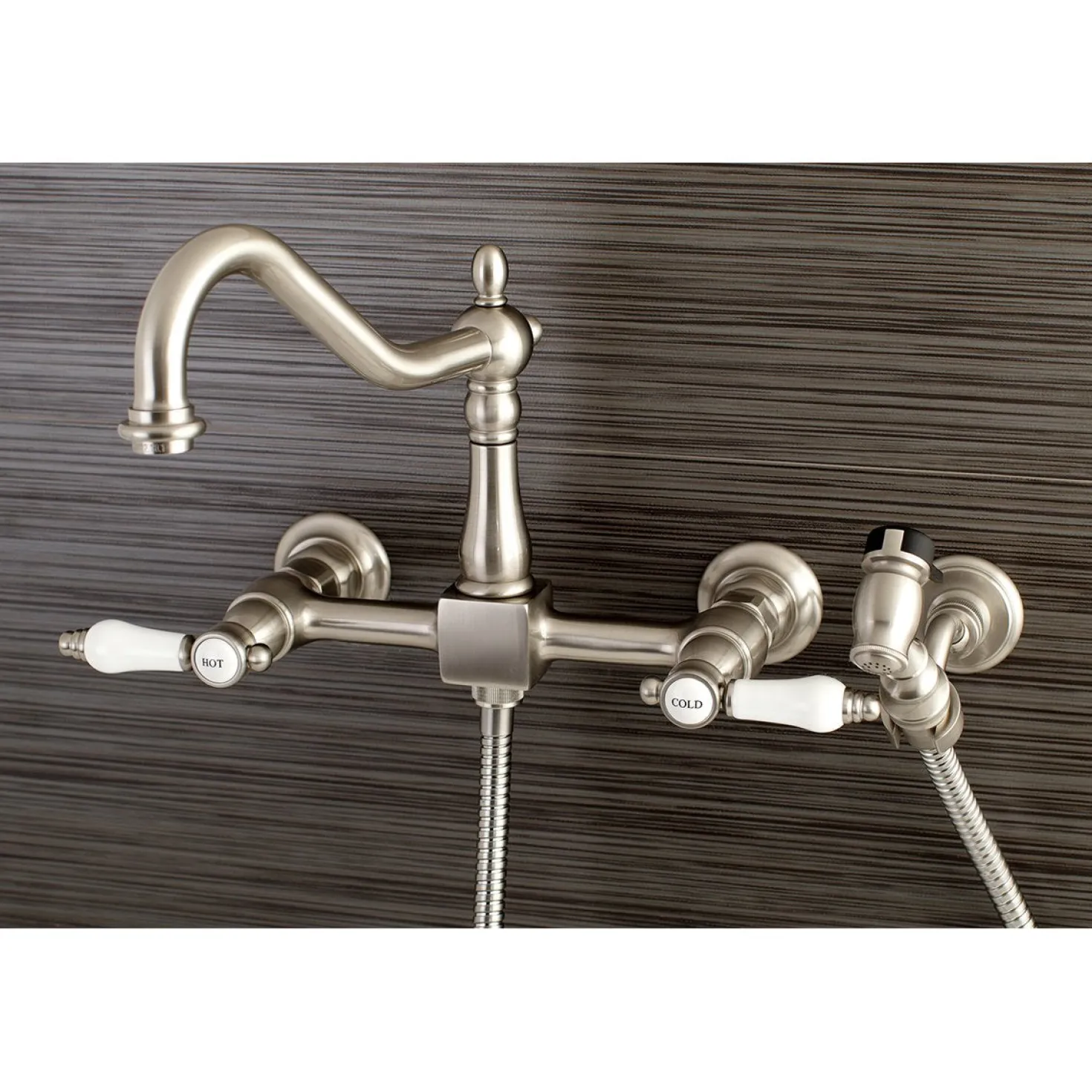 Kingston Brass Bel-Air 8-Inch Centerset Wall Mount Kitchen Faucet with Brass Sprayer