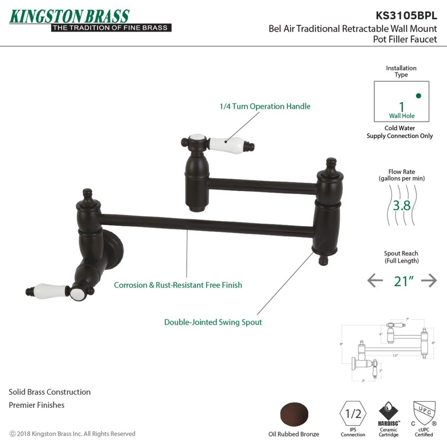 Kingston Brass Bel-Air Wall Mount Pot Filler Kitchen Faucet
