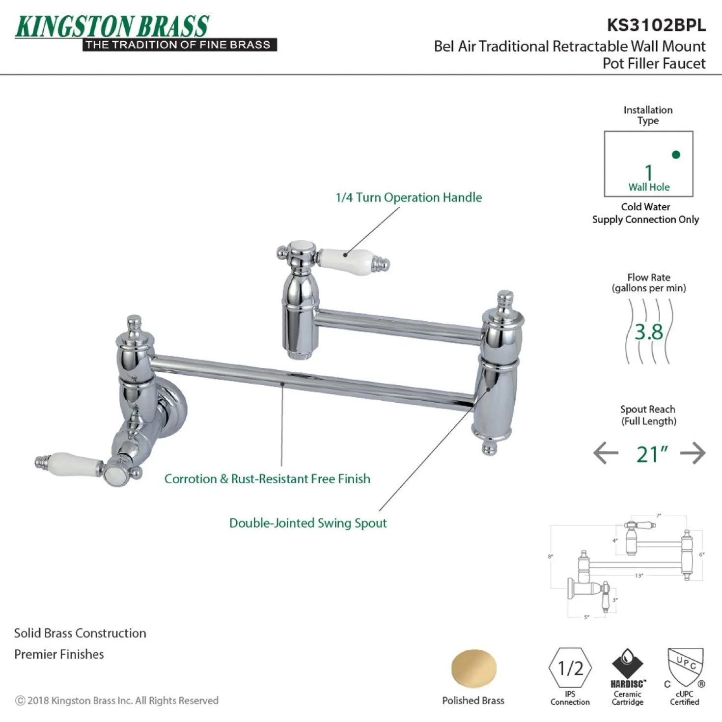 Kingston Brass Bel-Air Wall Mount Pot Filler Kitchen Faucet