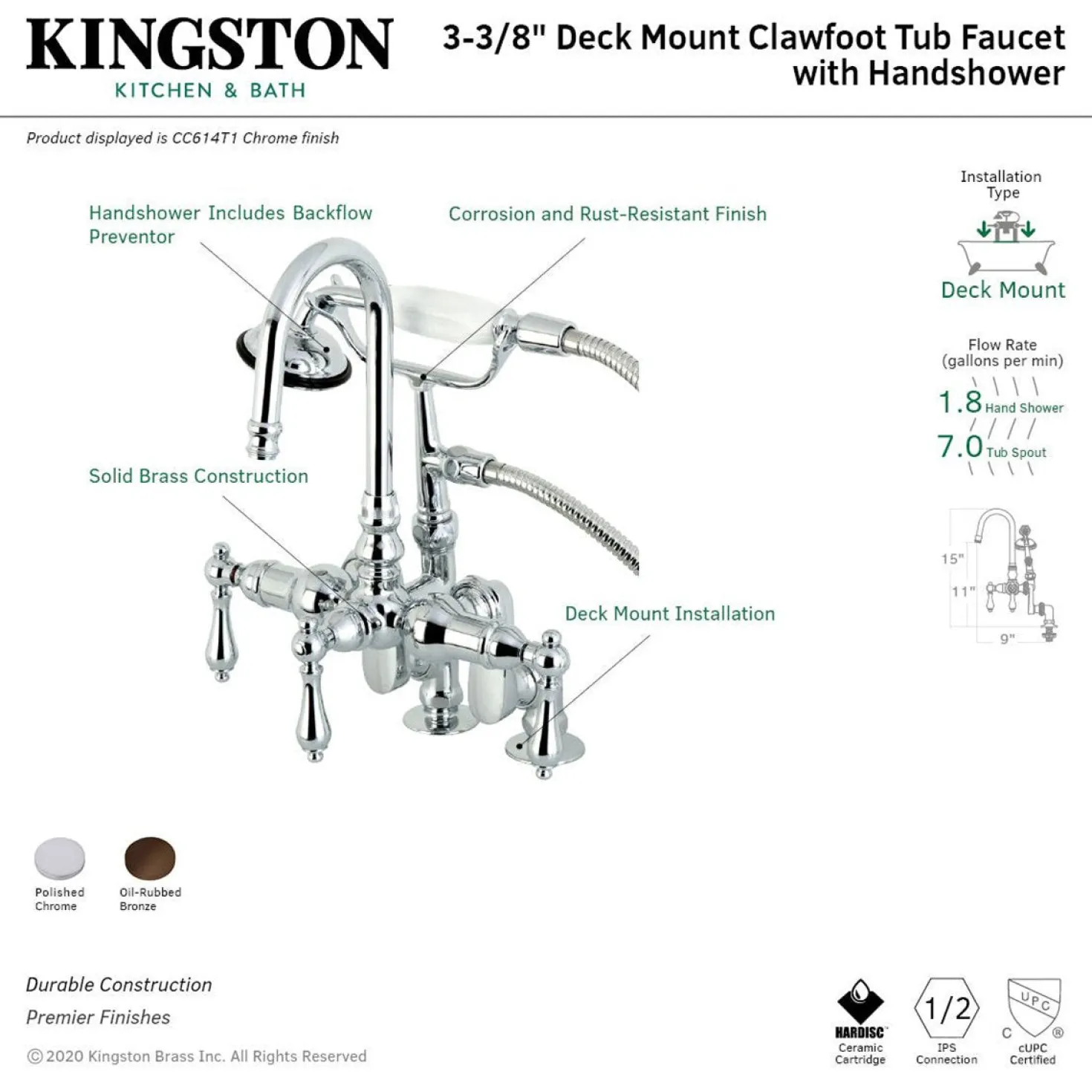 Kingston Brass CC613TX-P Vintage Clawfoot 12.5" x 10" x 8.25" Tub Faucet with Hand Shower