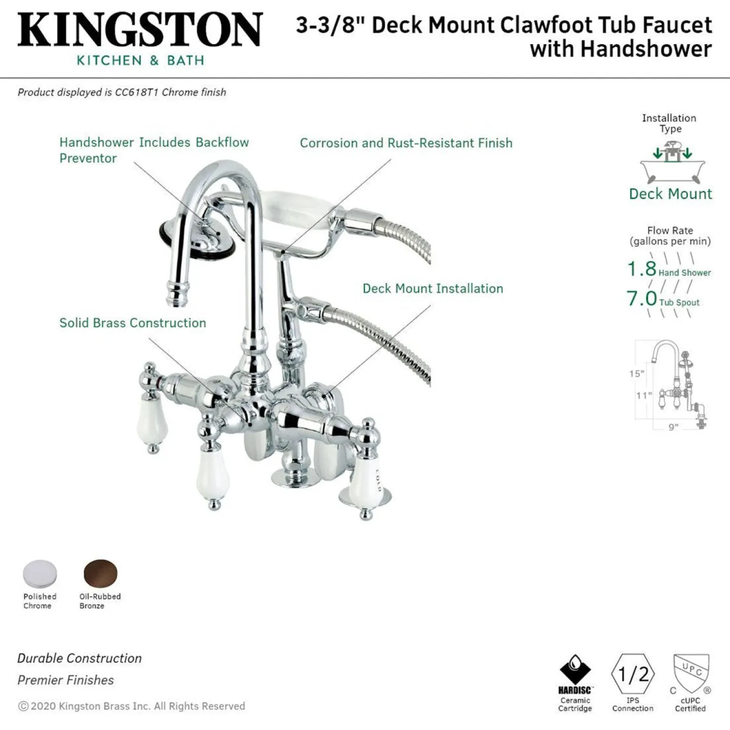 Kingston Brass CC617TX-P Vintage Clawfoot 12.5" x 10" x 8.25" Tub Faucet with Hand Shower