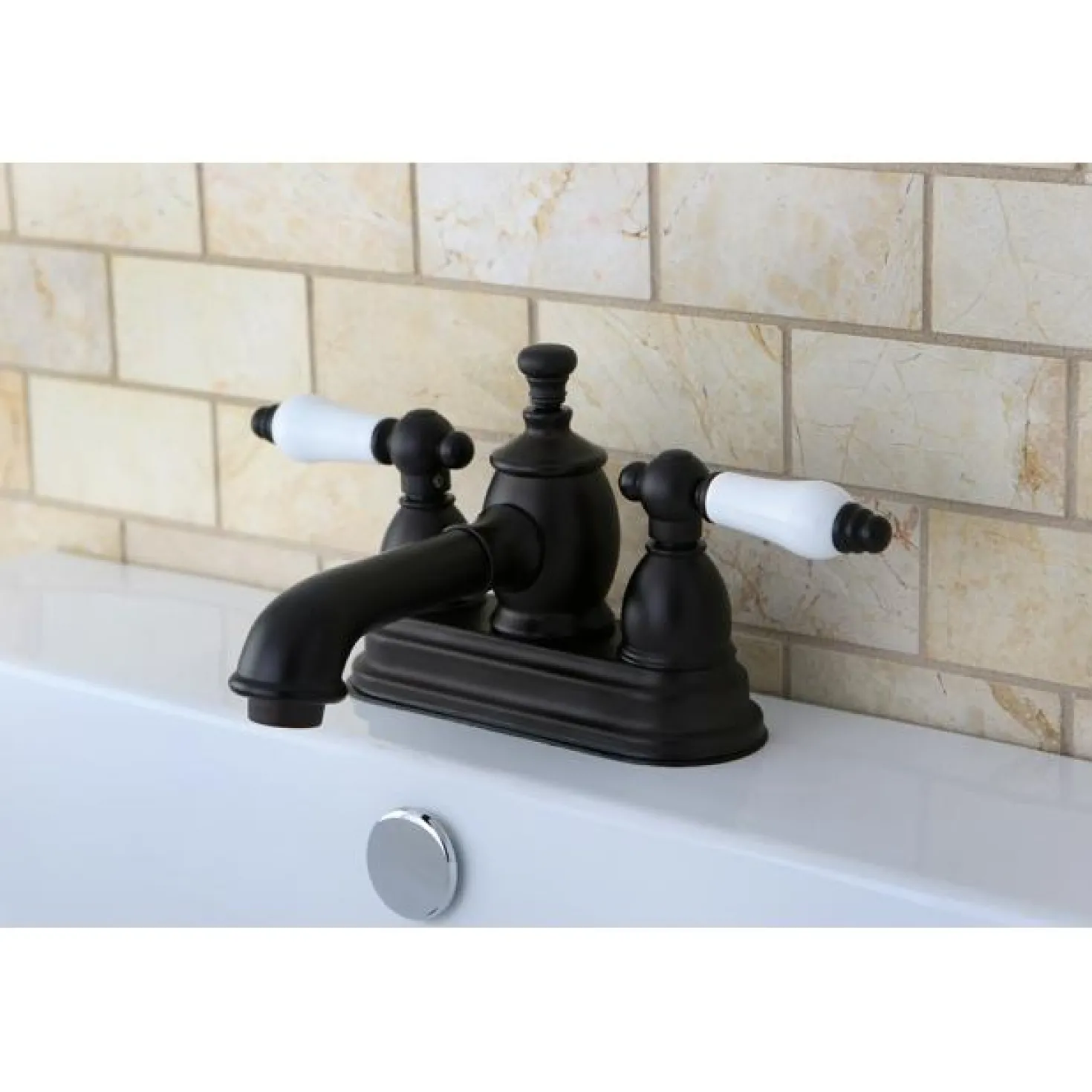 Kingston Brass 4" Centerset Lavatory Faucet with Heritage Spout and Porcelain Lever Handle