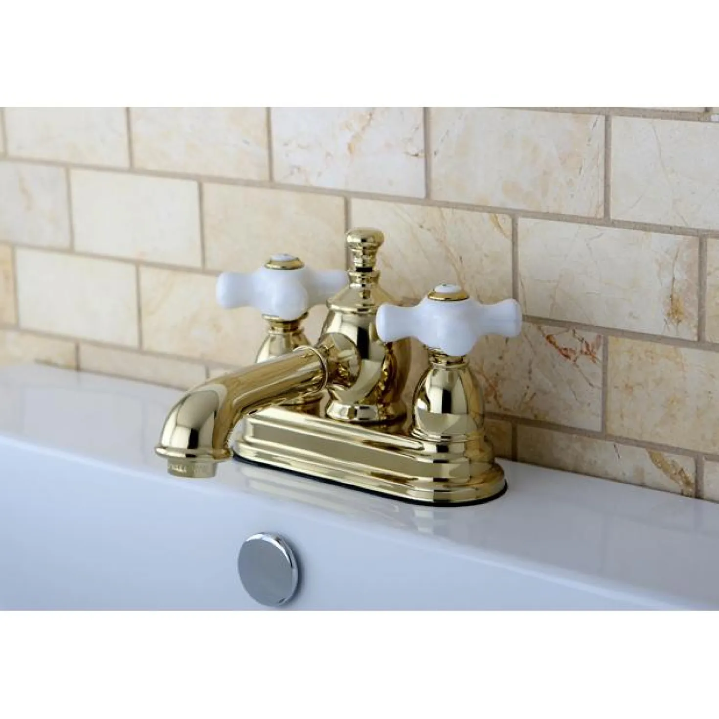Kingston Brass 4" Centerset Lavatory Faucet with Heritage Spout and Porcelain Cross Handle