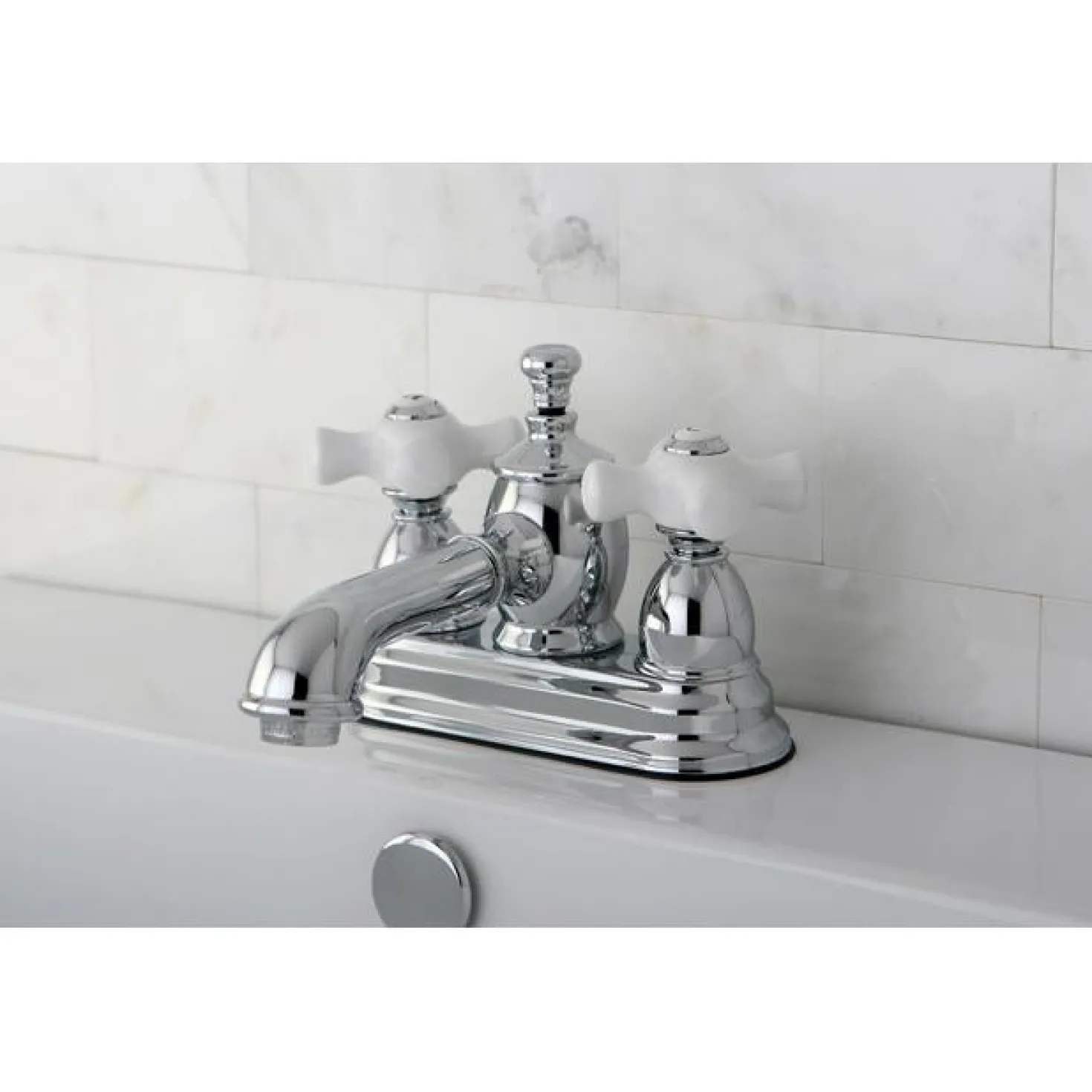 Kingston Brass 4" Centerset Lavatory Faucet with Heritage Spout and Porcelain Cross Handle