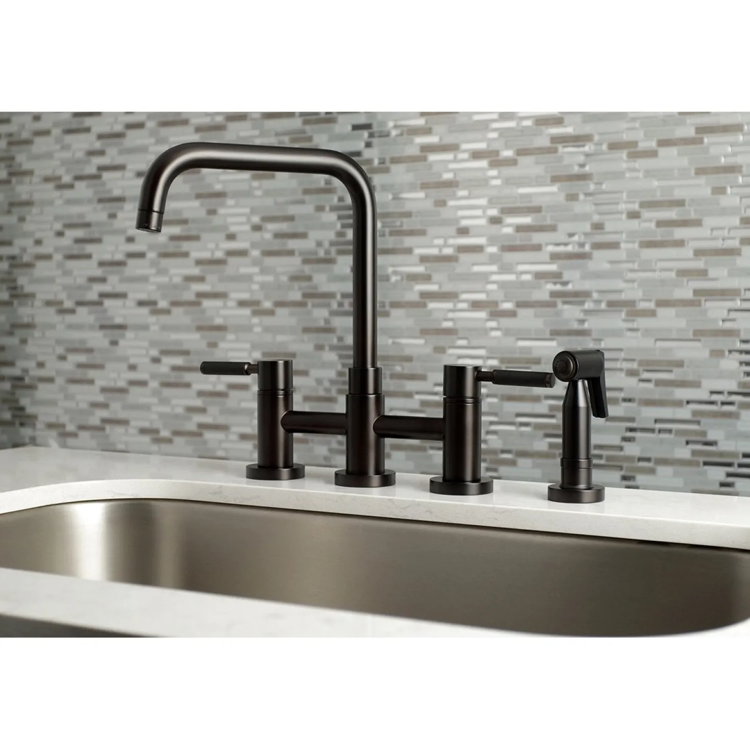Kingston Brass Concord 4-Hole Two-Handle Bridge Kitchen Faucet with Brass Side Sprayer