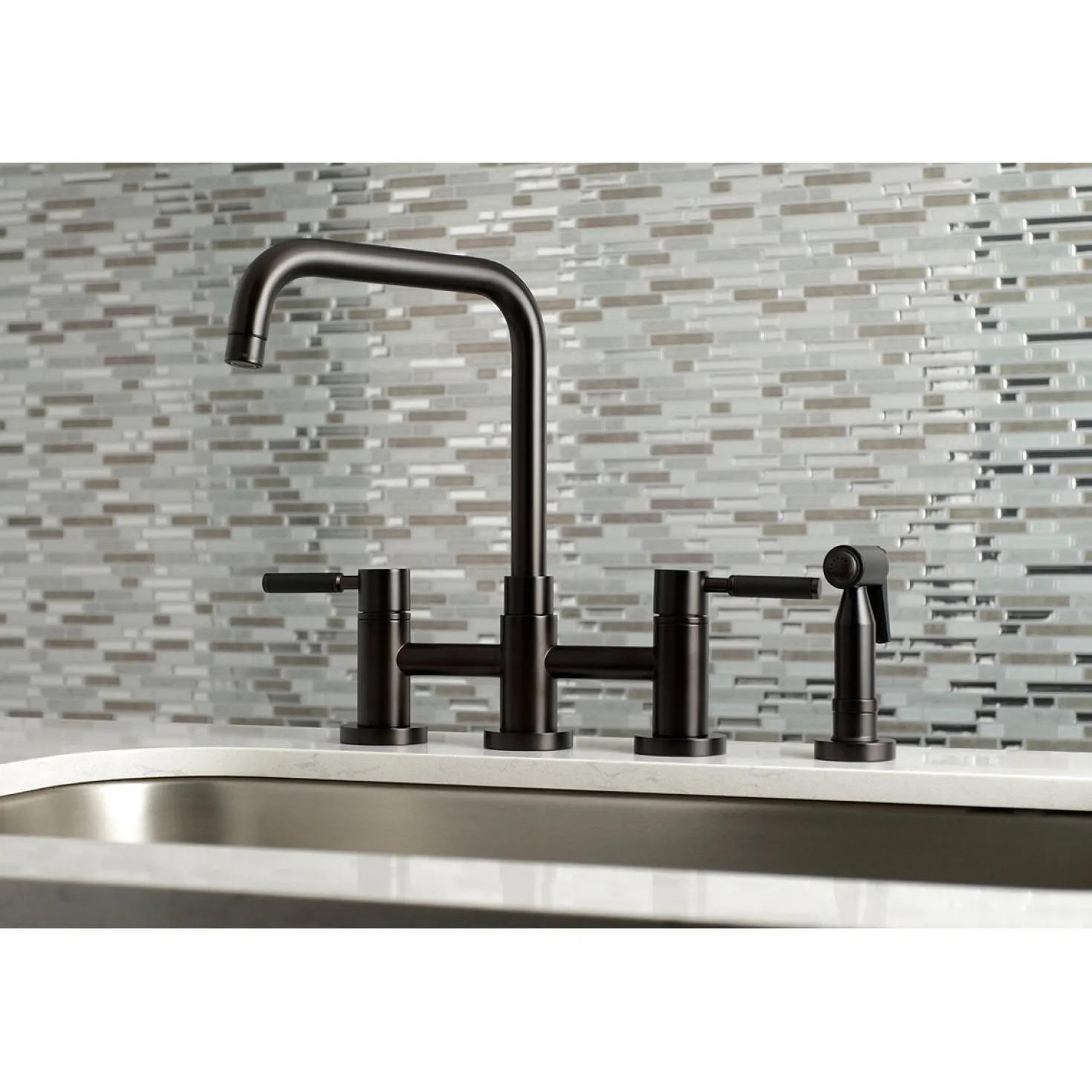 Kingston Brass Concord 4-Hole Two-Handle Bridge Kitchen Faucet with Brass Side Sprayer