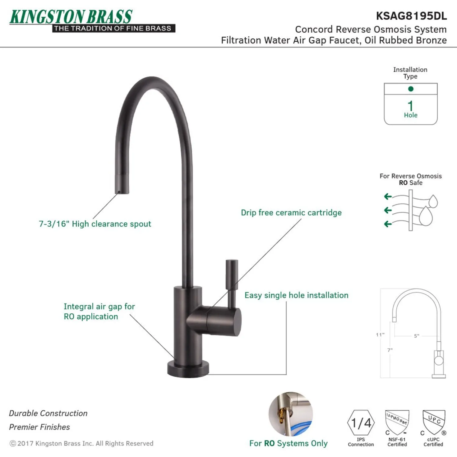 Kingston Brass Concord Reverse Osmosis System Filtration Water Air Gap Faucet