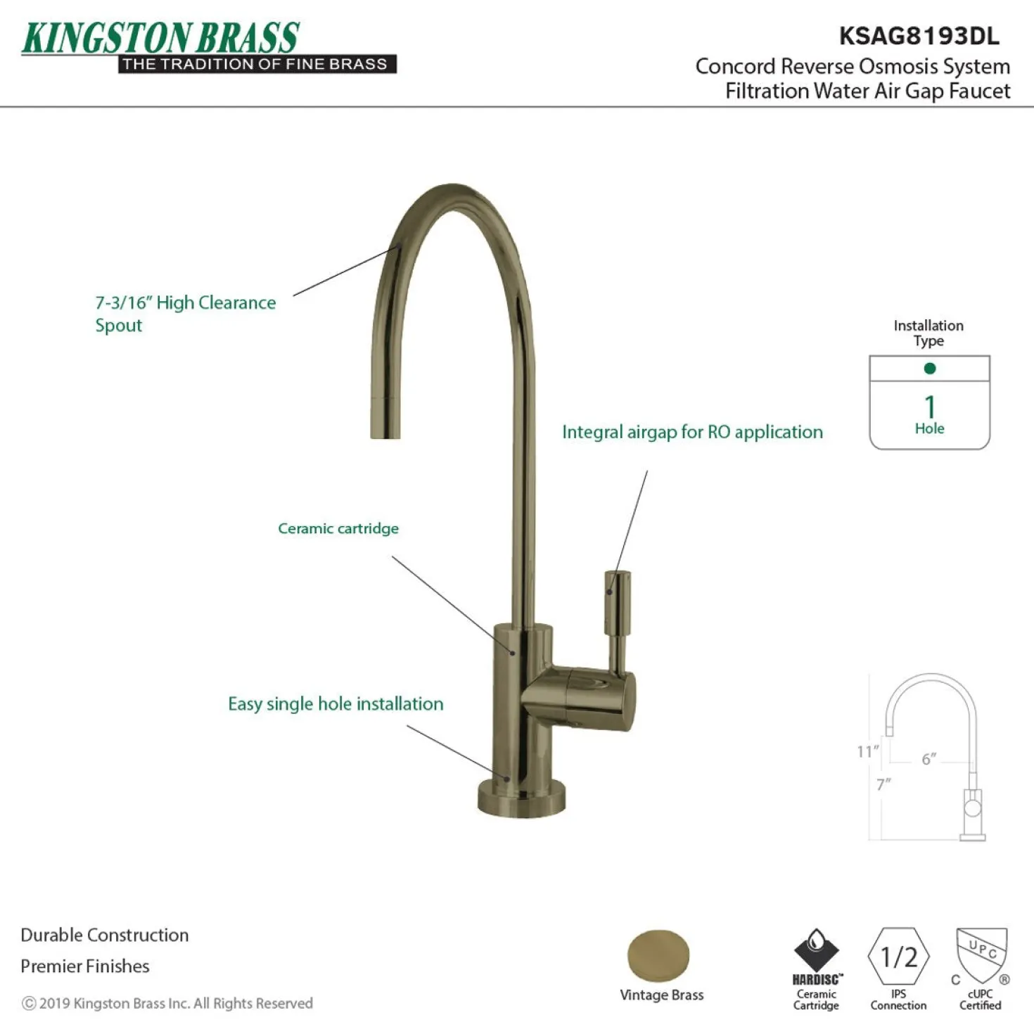 Kingston Brass Concord Reverse Osmosis System Filtration Water Air Gap Faucet