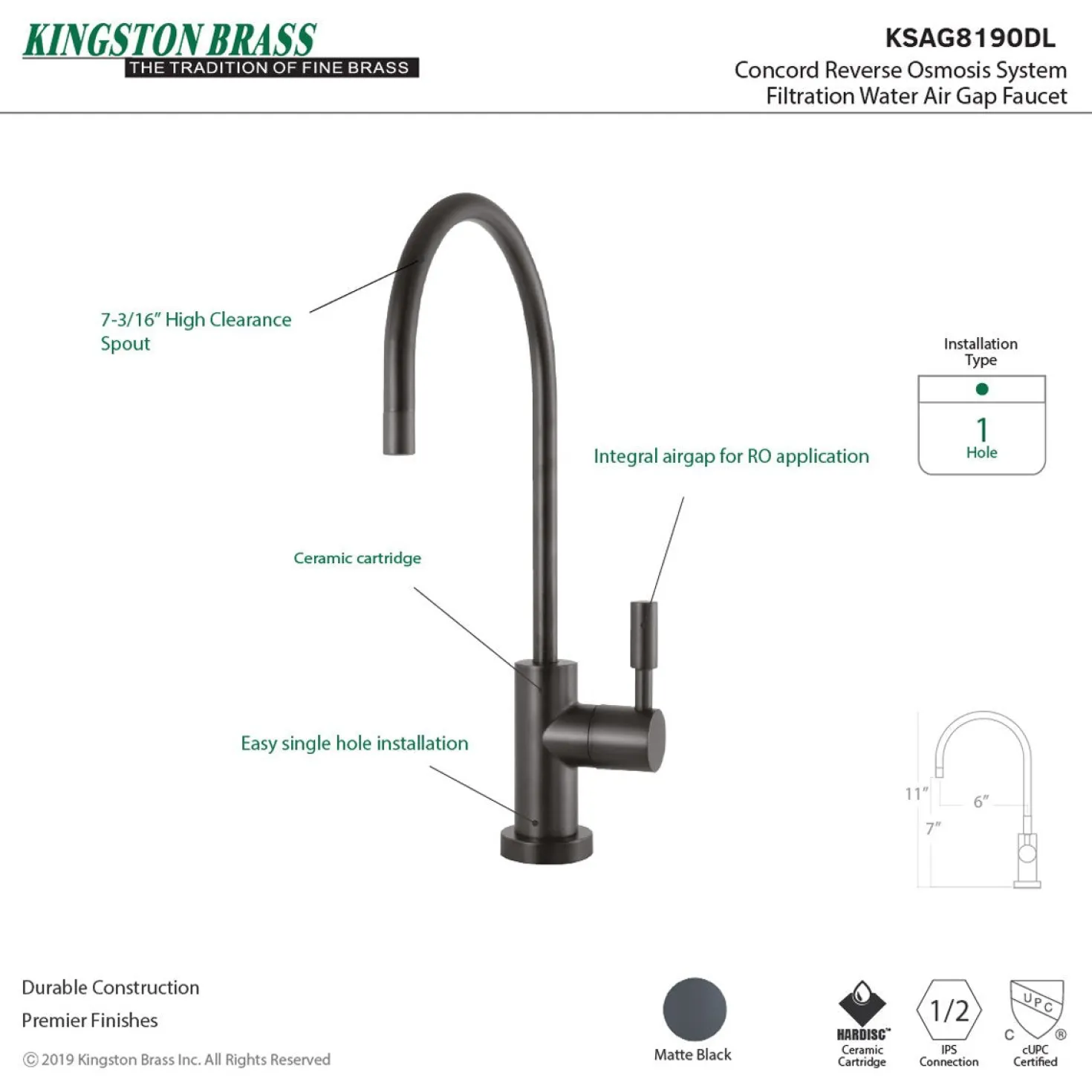 Kingston Brass Concord Reverse Osmosis System Filtration Water Air Gap Faucet