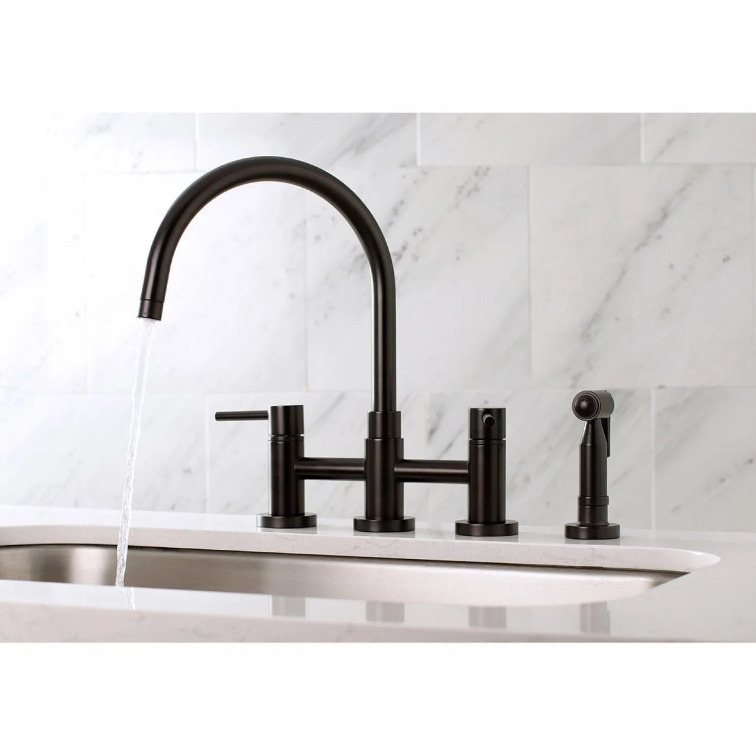 Kingston Brass Concord Two-Handle 4-Hole Bridge Kitchen Faucet with Brass Side Sprayer