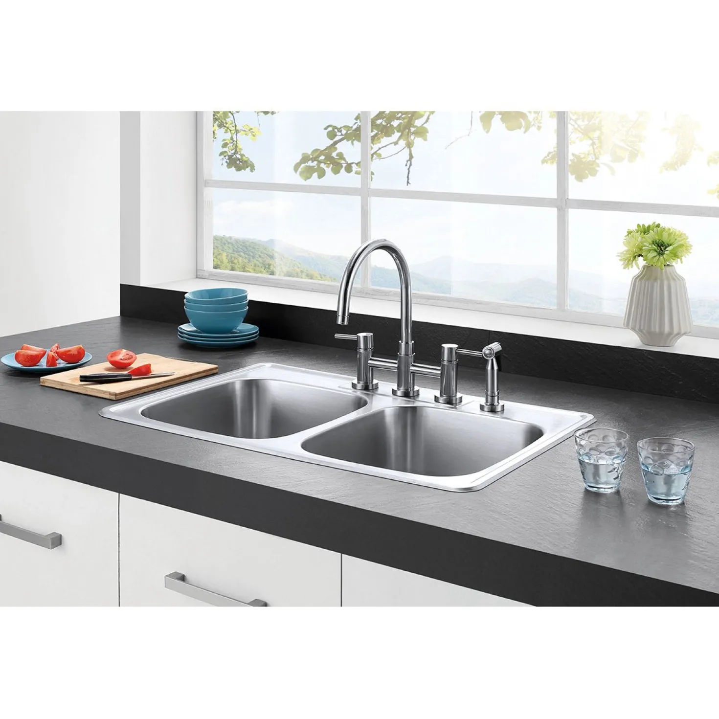 Kingston Brass Concord Two-Handle 4-Hole Bridge Kitchen Faucet with Brass Side Sprayer