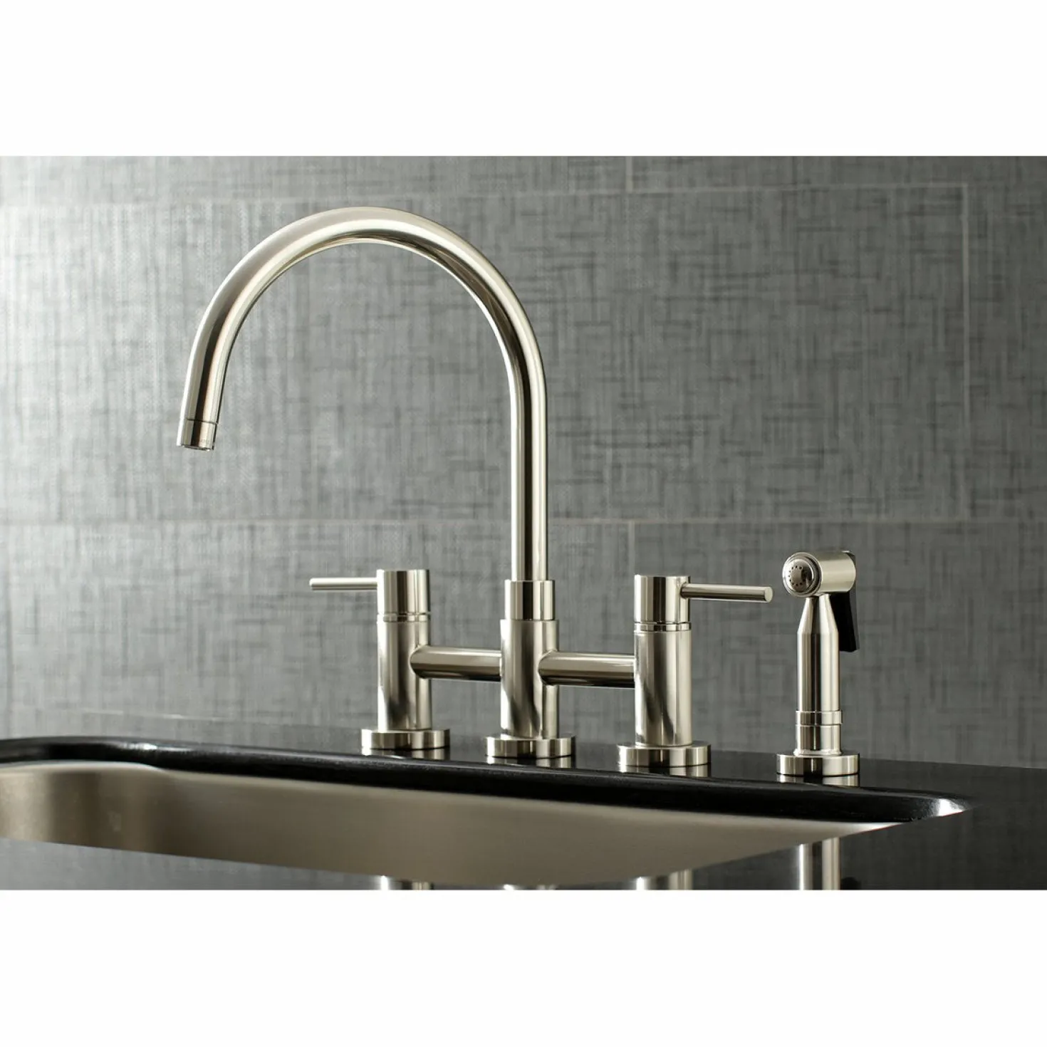 Kingston Brass Concord Two-Handle 4-Hole Bridge Kitchen Faucet with Brass Side Sprayer