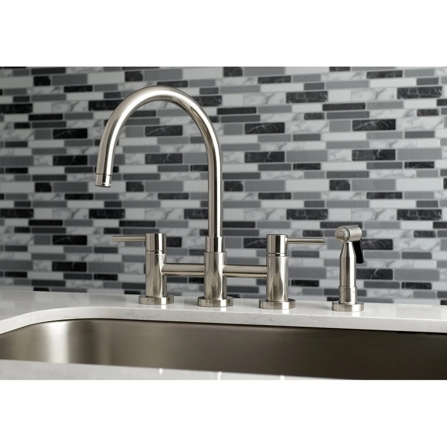 Kingston Brass Concord Two-Handle 4-Hole Bridge Kitchen Faucet with Brass Side Sprayer