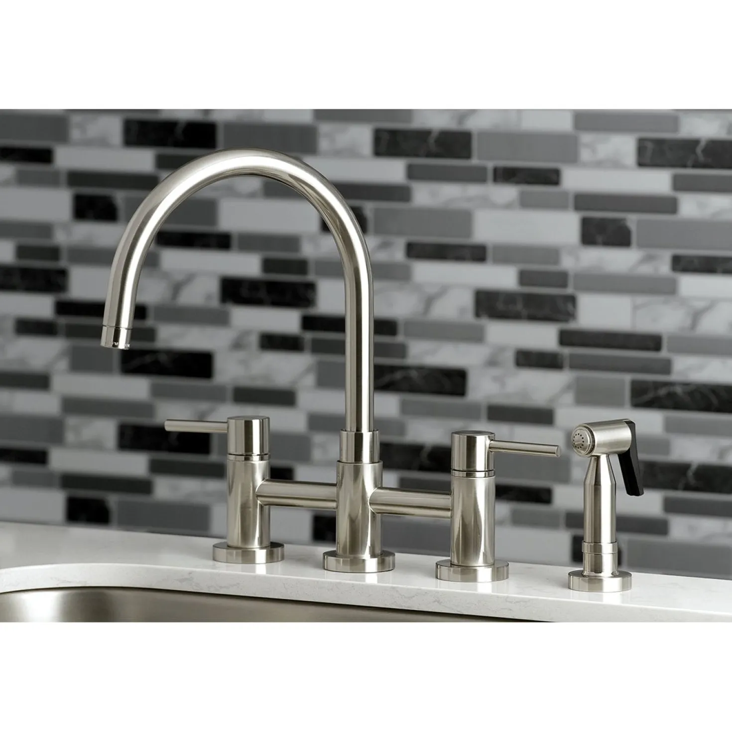 Kingston Brass Concord Two-Handle 4-Hole Bridge Kitchen Faucet with Brass Side Sprayer