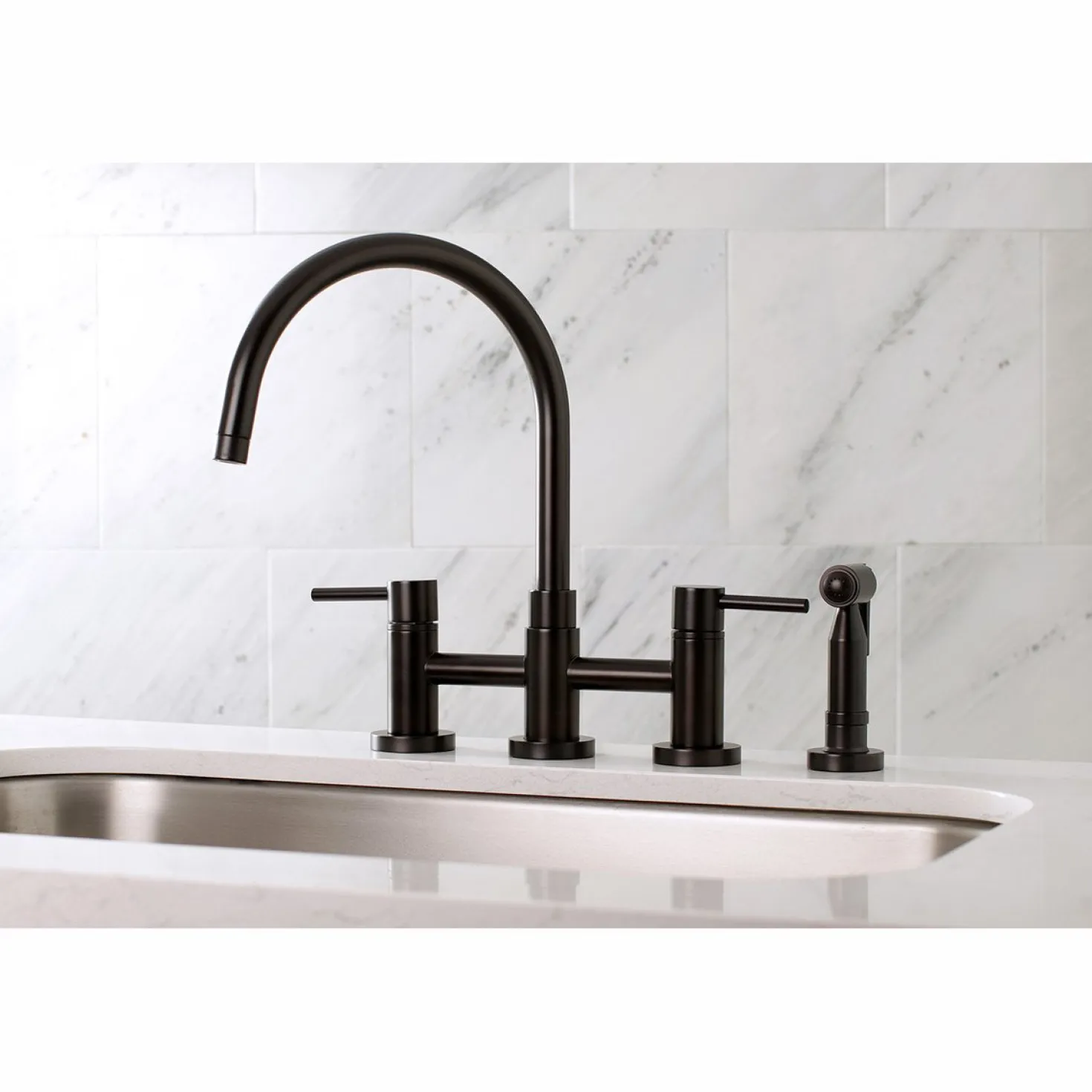 Kingston Brass Concord Two-Handle 4-Hole Bridge Kitchen Faucet with Brass Side Sprayer