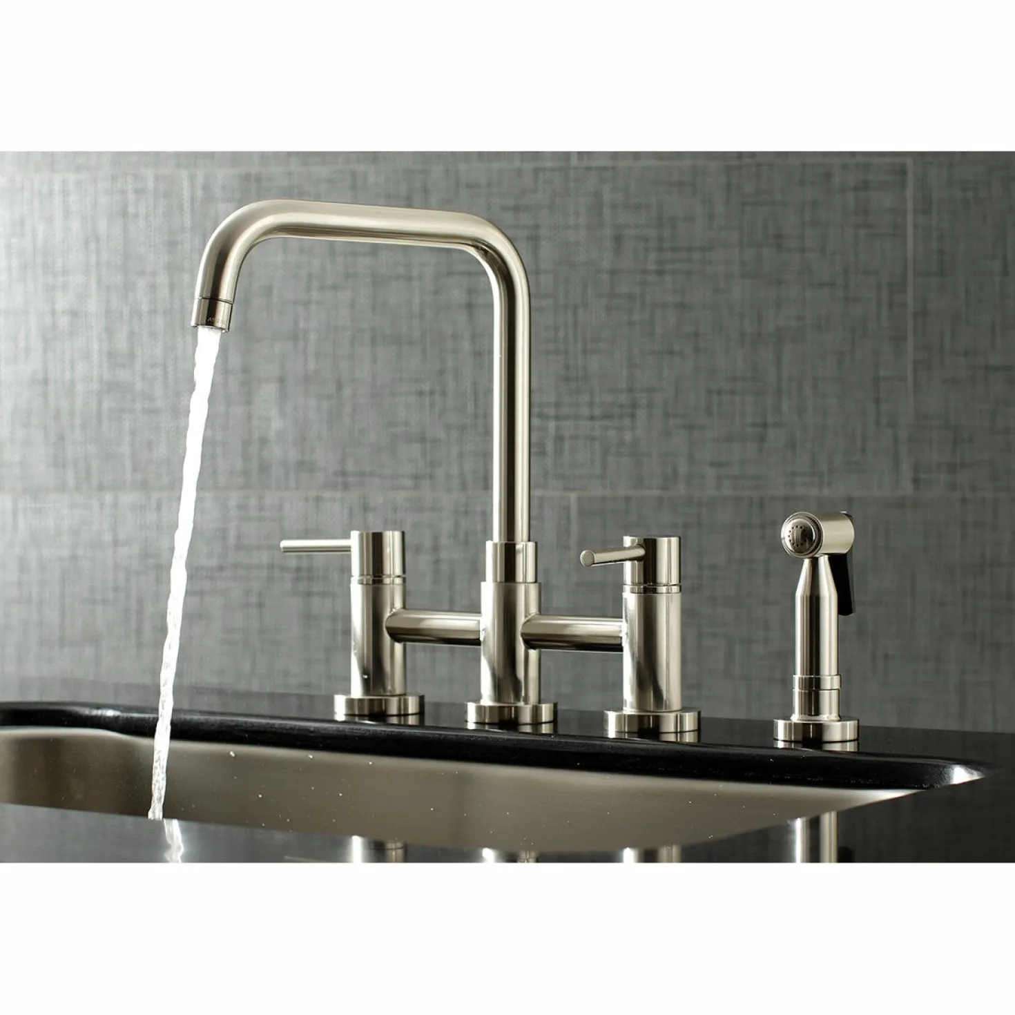 Kingston Brass Concord Two-Handle Deck Mount Bridge Kitchen Faucet with Brass Side Sprayer