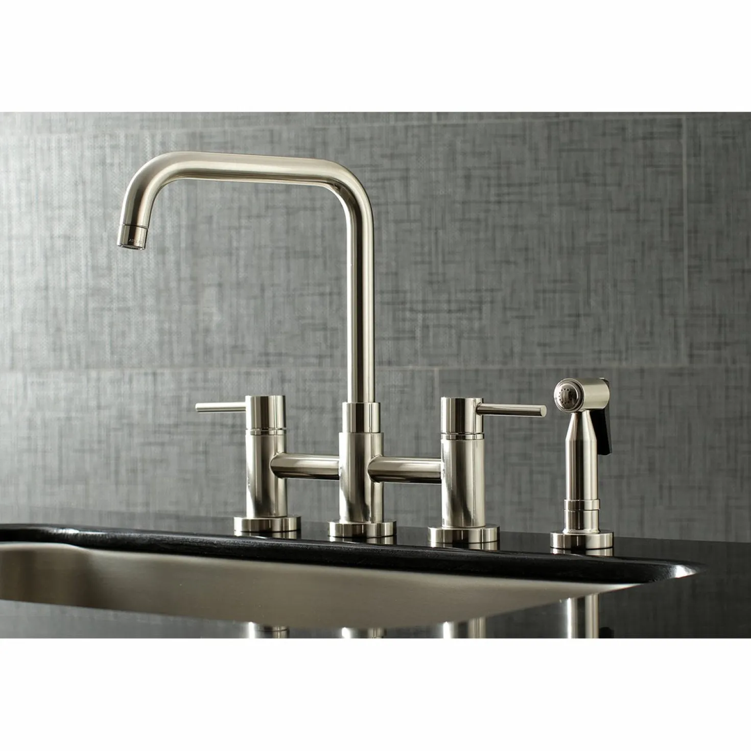 Kingston Brass Concord Two-Handle Deck Mount Bridge Kitchen Faucet with Brass Side Sprayer
