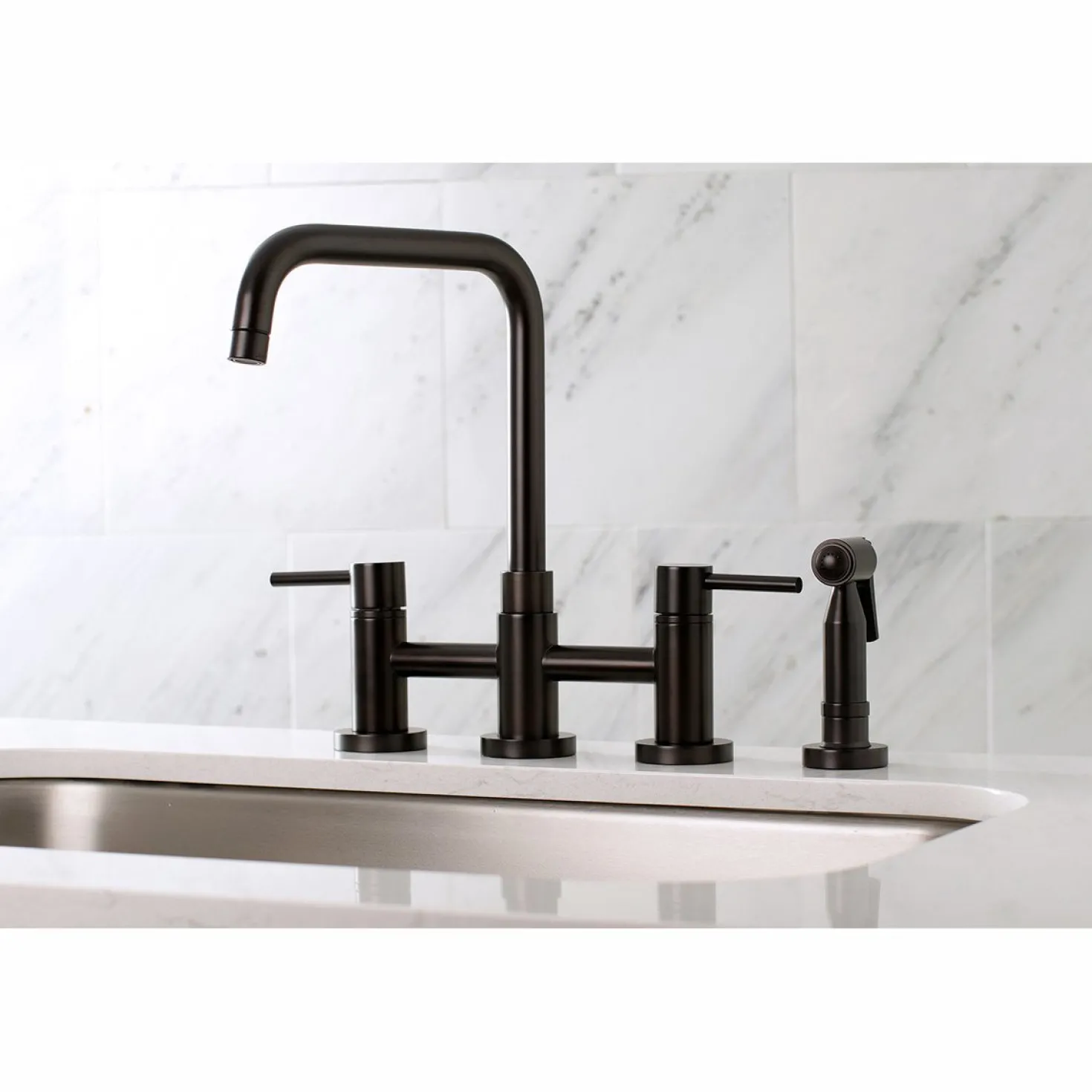 Kingston Brass Concord Two-Handle Deck Mount Bridge Kitchen Faucet with Brass Side Sprayer