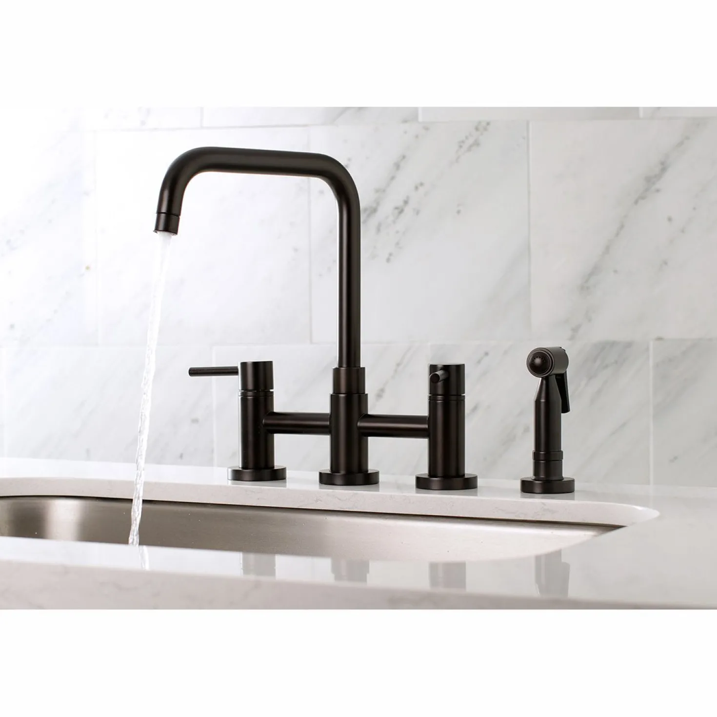 Kingston Brass Concord Two-Handle Deck Mount Bridge Kitchen Faucet with Brass Side Sprayer