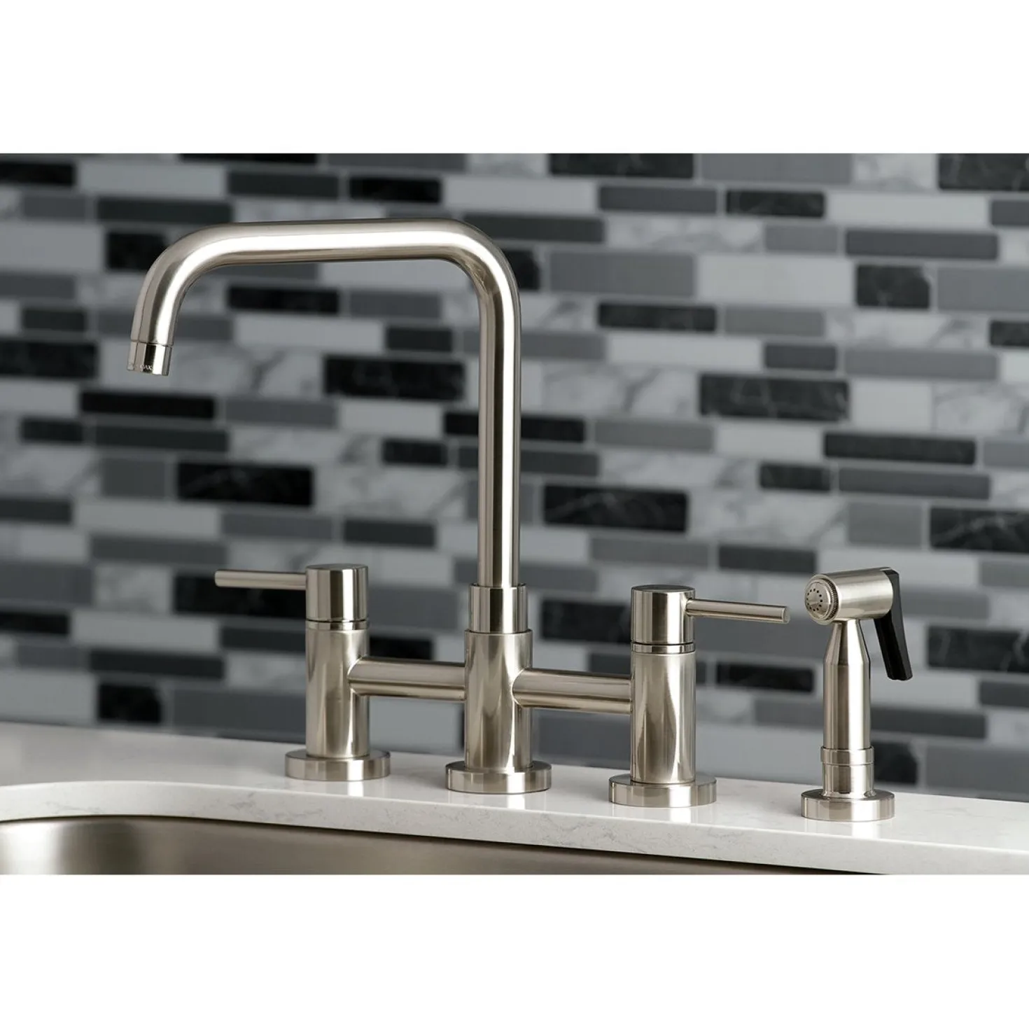 Kingston Brass Concord Two-Handle Deck Mount Bridge Kitchen Faucet with Brass Side Sprayer