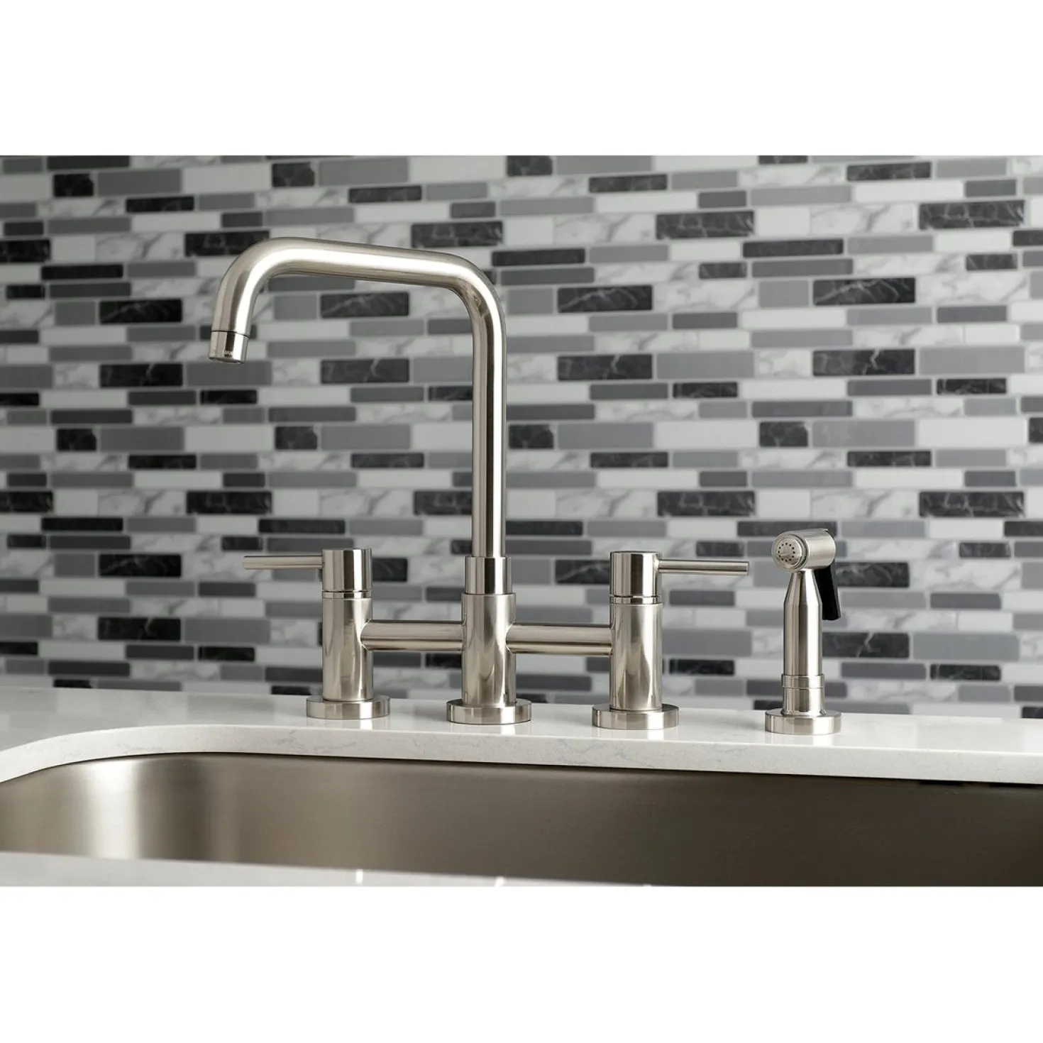 Kingston Brass Concord Two-Handle Deck Mount Bridge Kitchen Faucet with Brass Side Sprayer