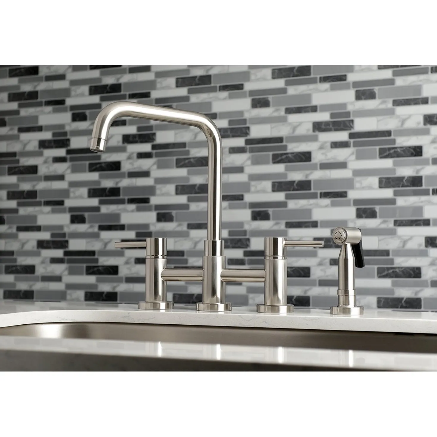 Kingston Brass Concord Two-Handle Deck Mount Bridge Kitchen Faucet with Brass Side Sprayer
