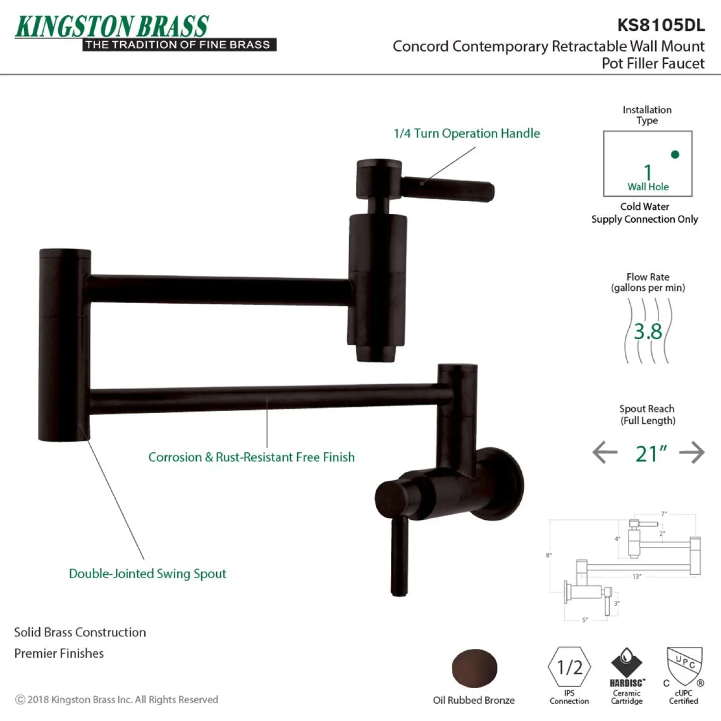 Kingston Brass Concord Wall Mount Single Hole Pot Filler Kitchen Faucet