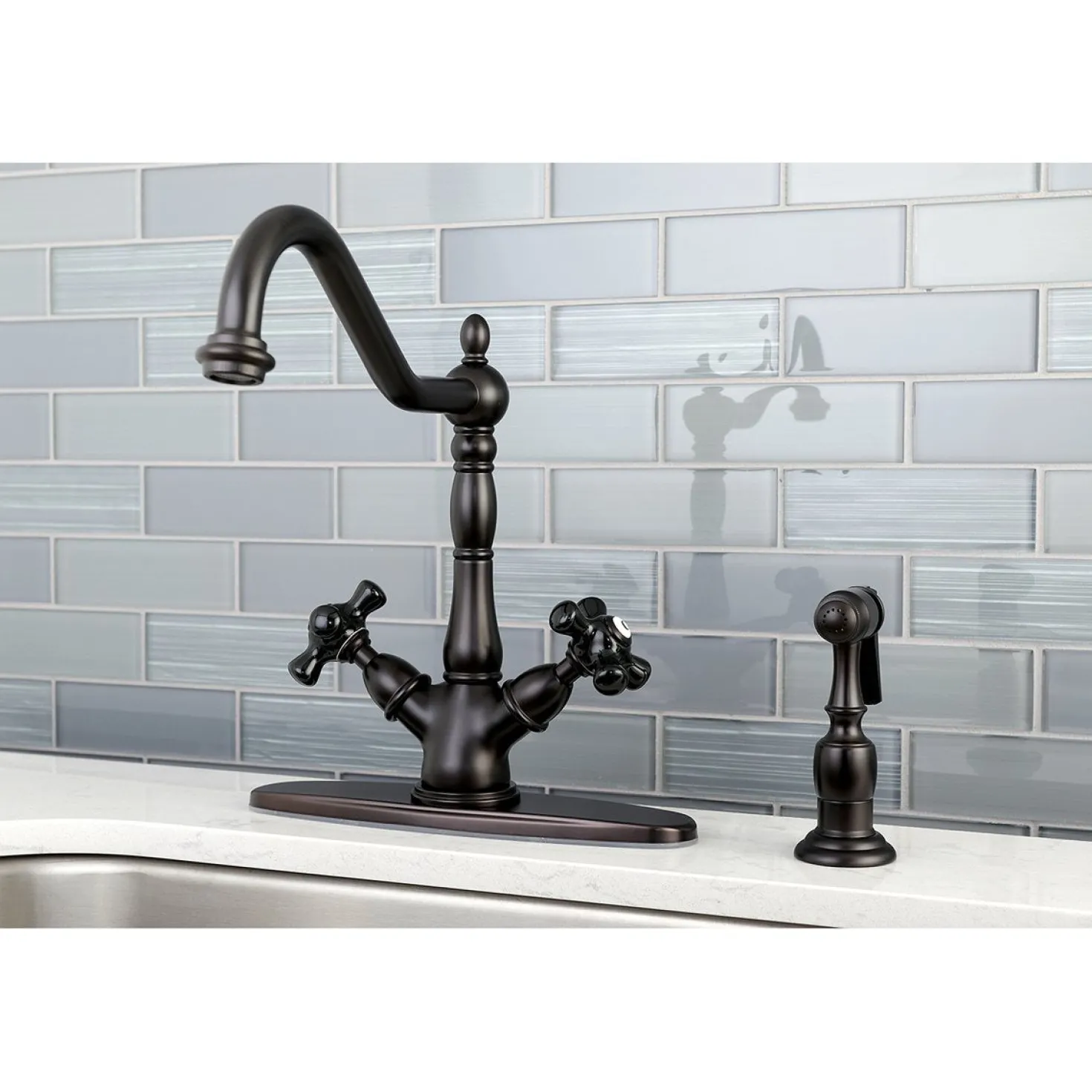 Kingston Brass Duchess 8-Inch Centerset Deck Mount Kitchen Faucet with Brass Sprayer