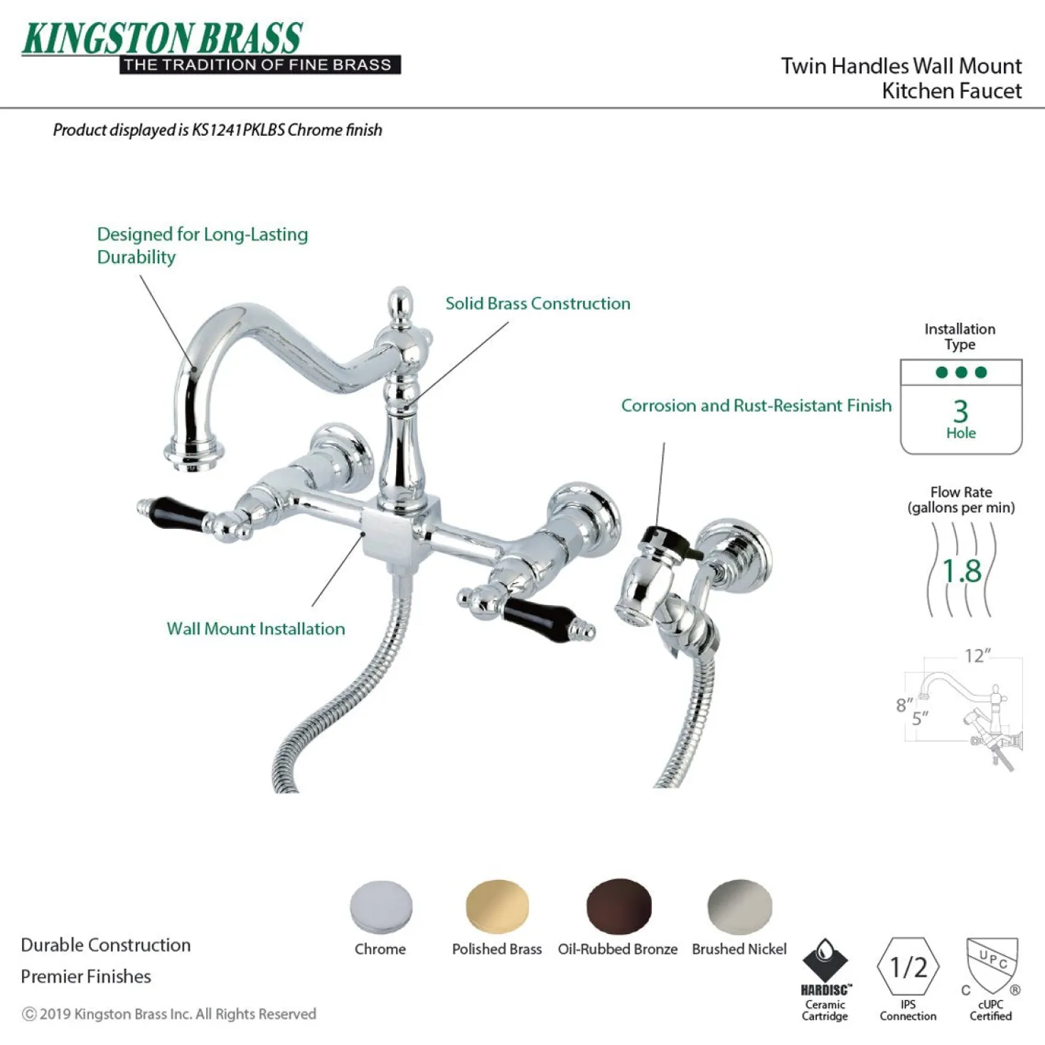 Kingston Brass Duchess 8-Inch Centerset Wall Mount Kitchen Faucet with Brass Sprayer