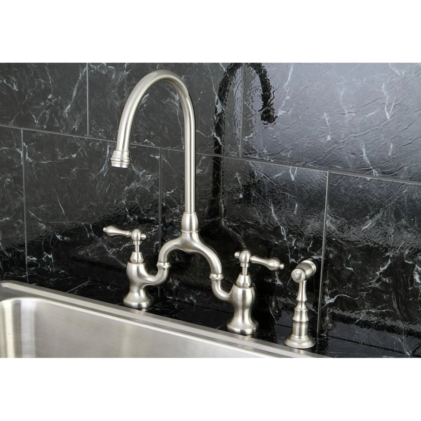 Kingston Brass English Country Deck Mount Kitchen Bridge Faucet with Brass Sprayer