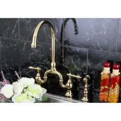 Kingston Brass English Country Deck Mount Kitchen Bridge Faucet with Brass Sprayer