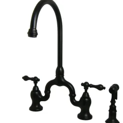 Kingston Brass English Country Deck Mount Kitchen Bridge Faucet with Brass Sprayer