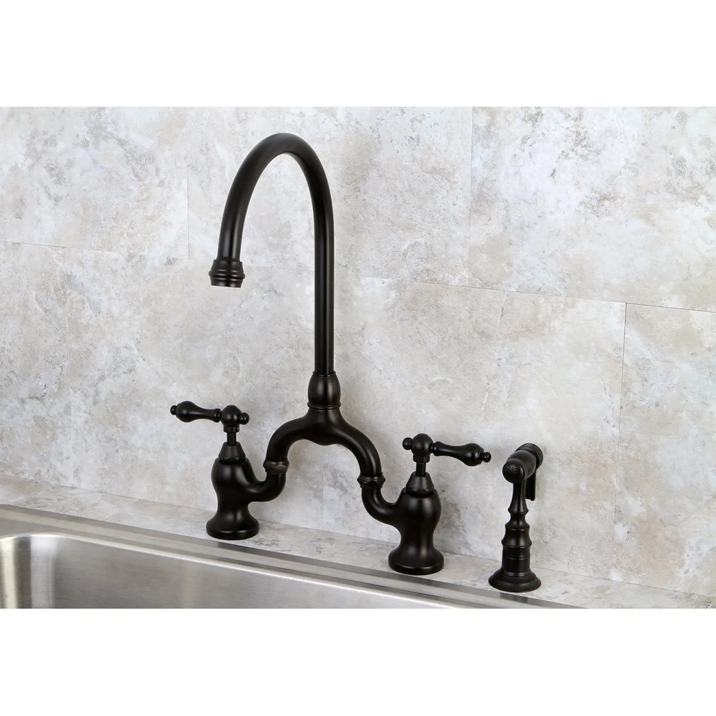Kingston Brass English Country Deck Mount Kitchen Bridge Faucet with Brass Sprayer