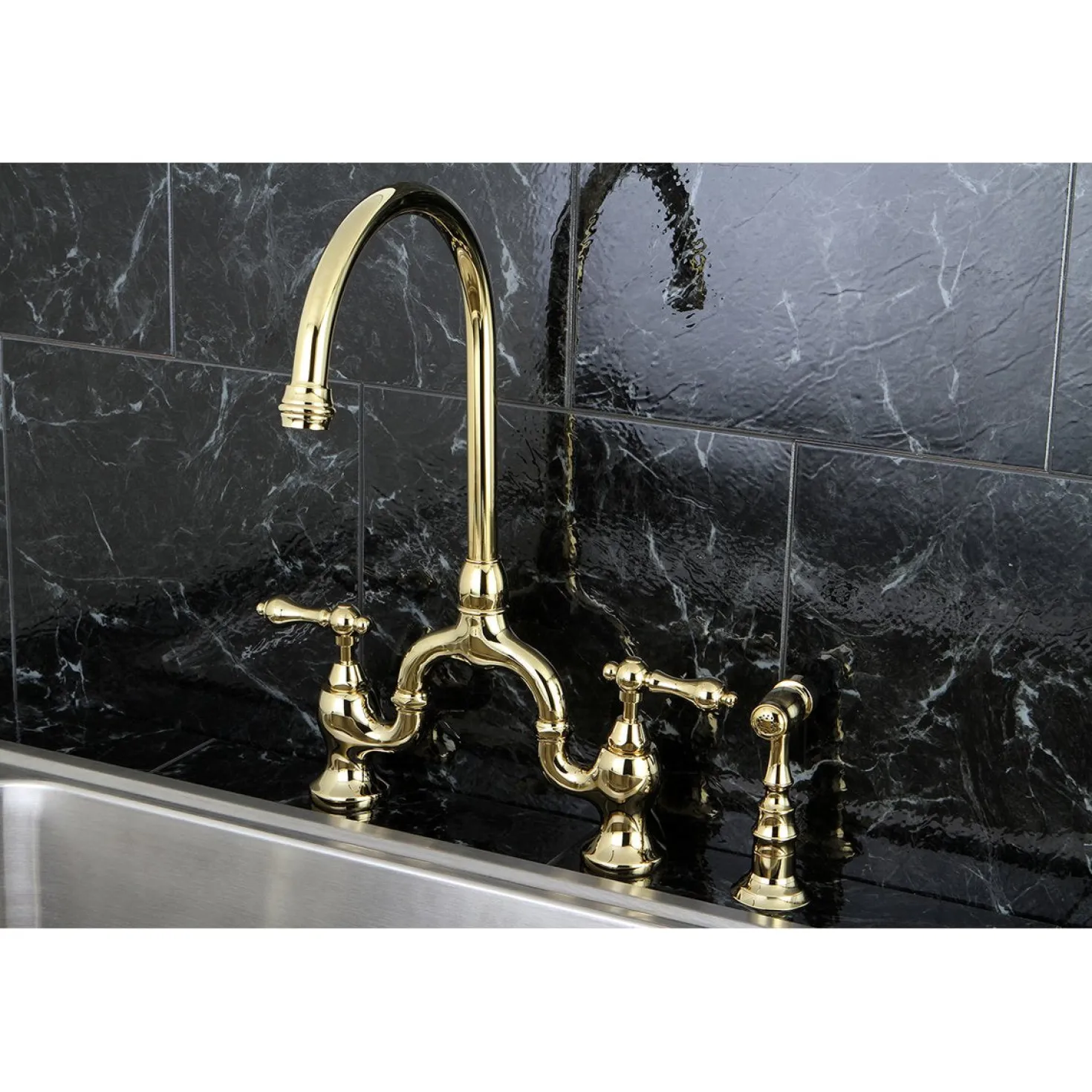Kingston Brass English Country Deck Mount Kitchen Bridge Faucet with Brass Sprayer