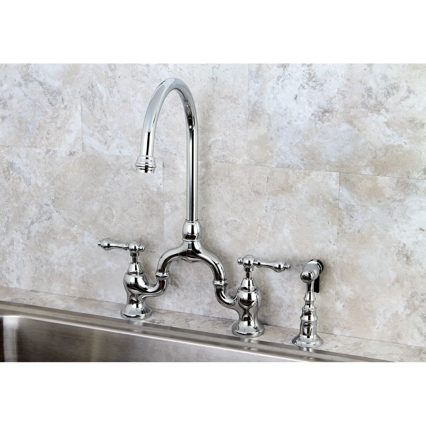 Kingston Brass English Country Deck Mount Kitchen Bridge Faucet with Brass Sprayer