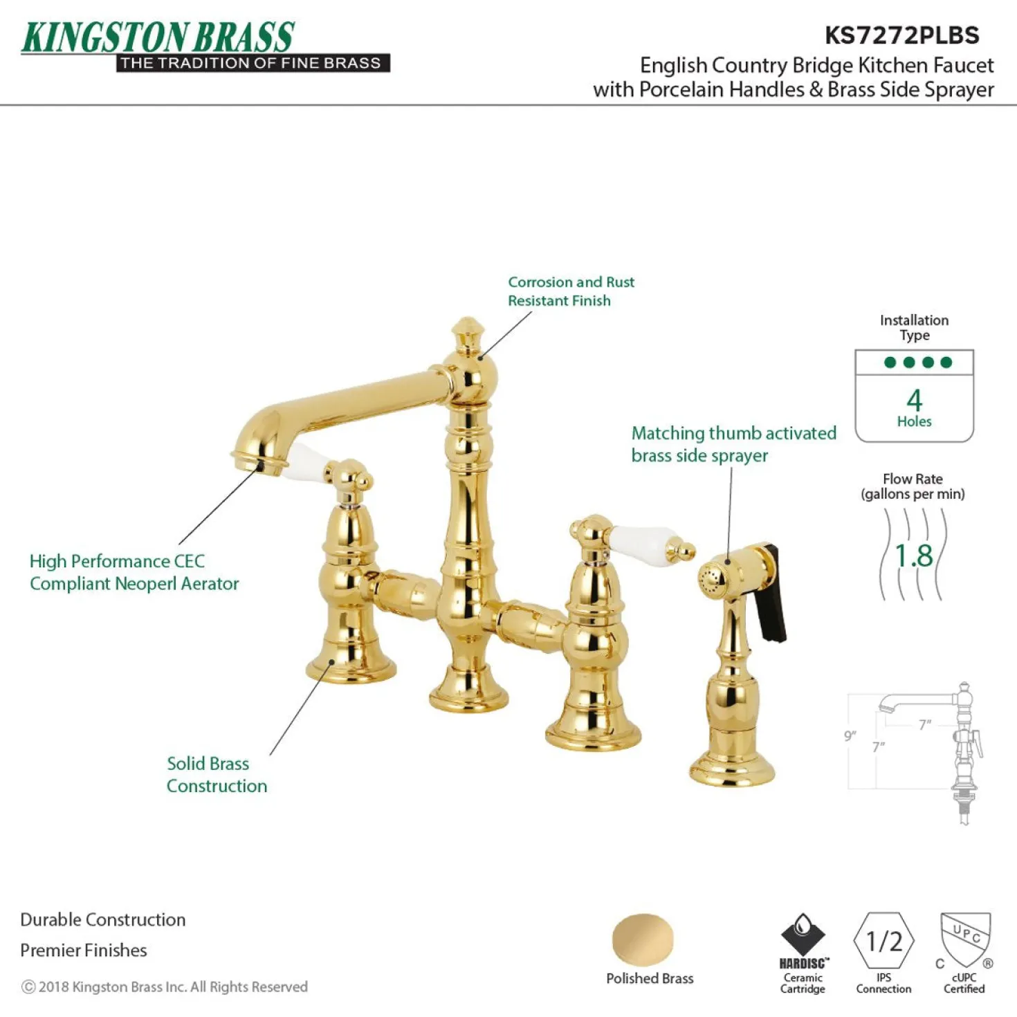 Kingston Brass English Country 4-Hole 8" Bridge Kitchen Faucet with Sprayer