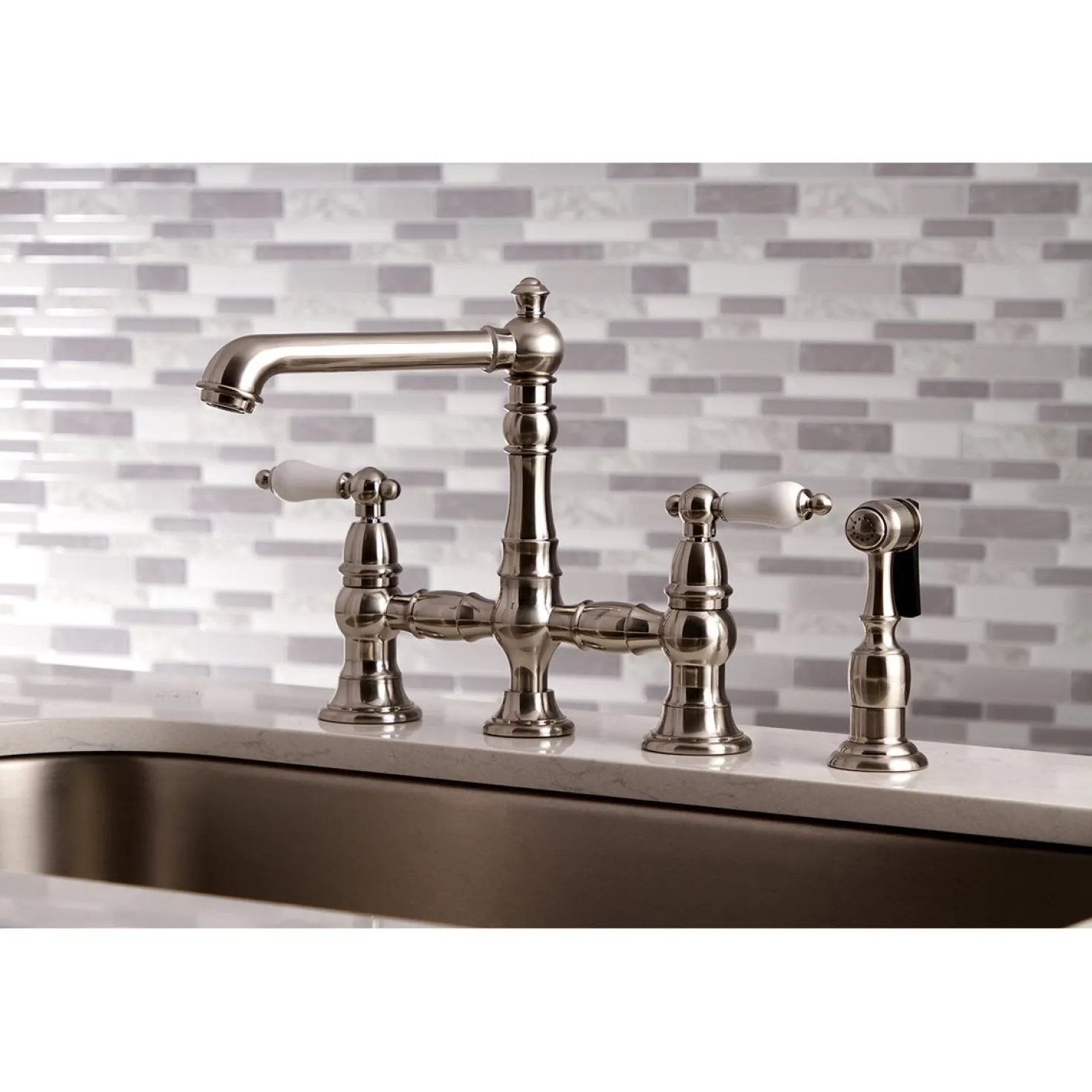 Kingston Brass English Country 4-Hole 8" Bridge Kitchen Faucet with Sprayer
