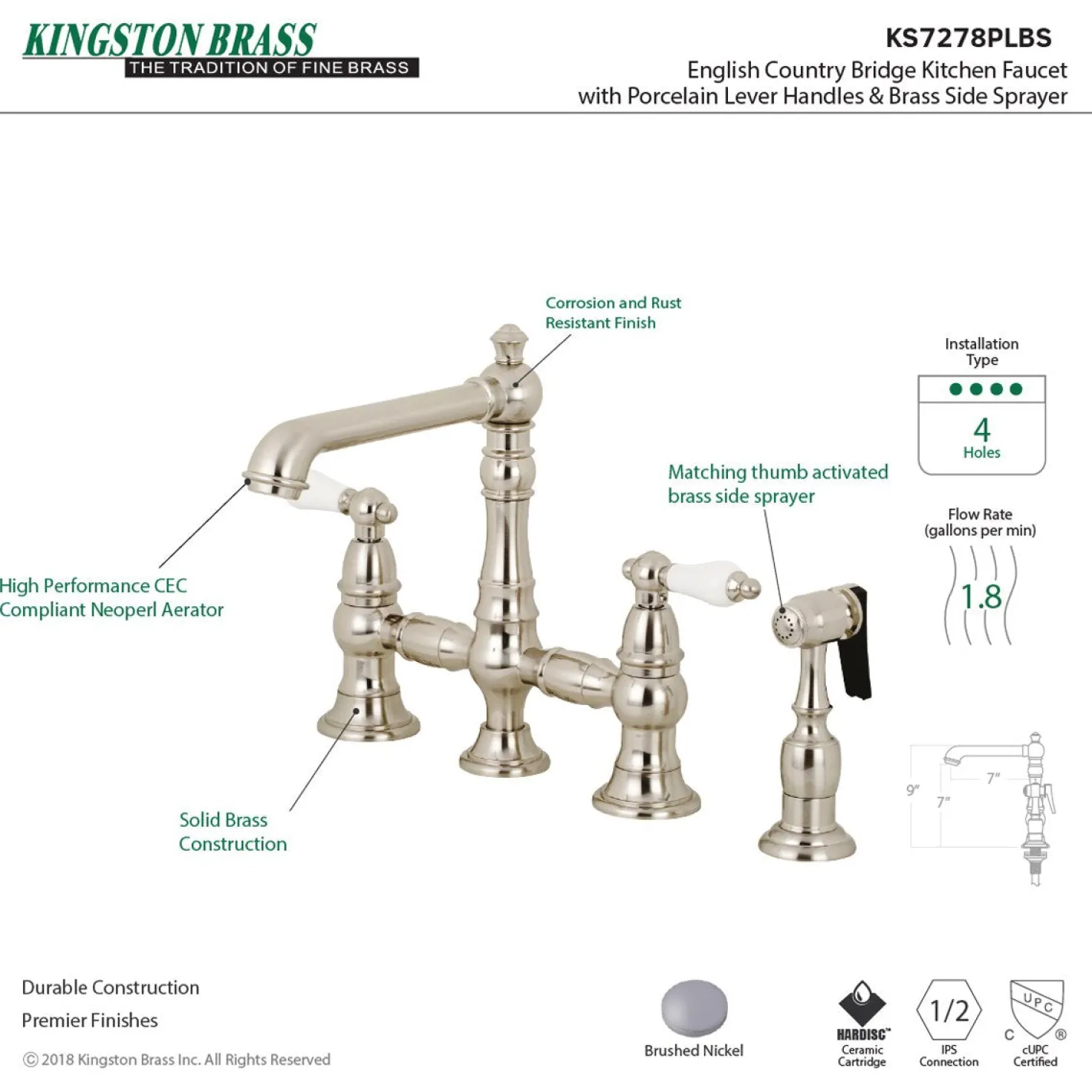 Kingston Brass English Country 4-Hole 8" Bridge Kitchen Faucet with Sprayer