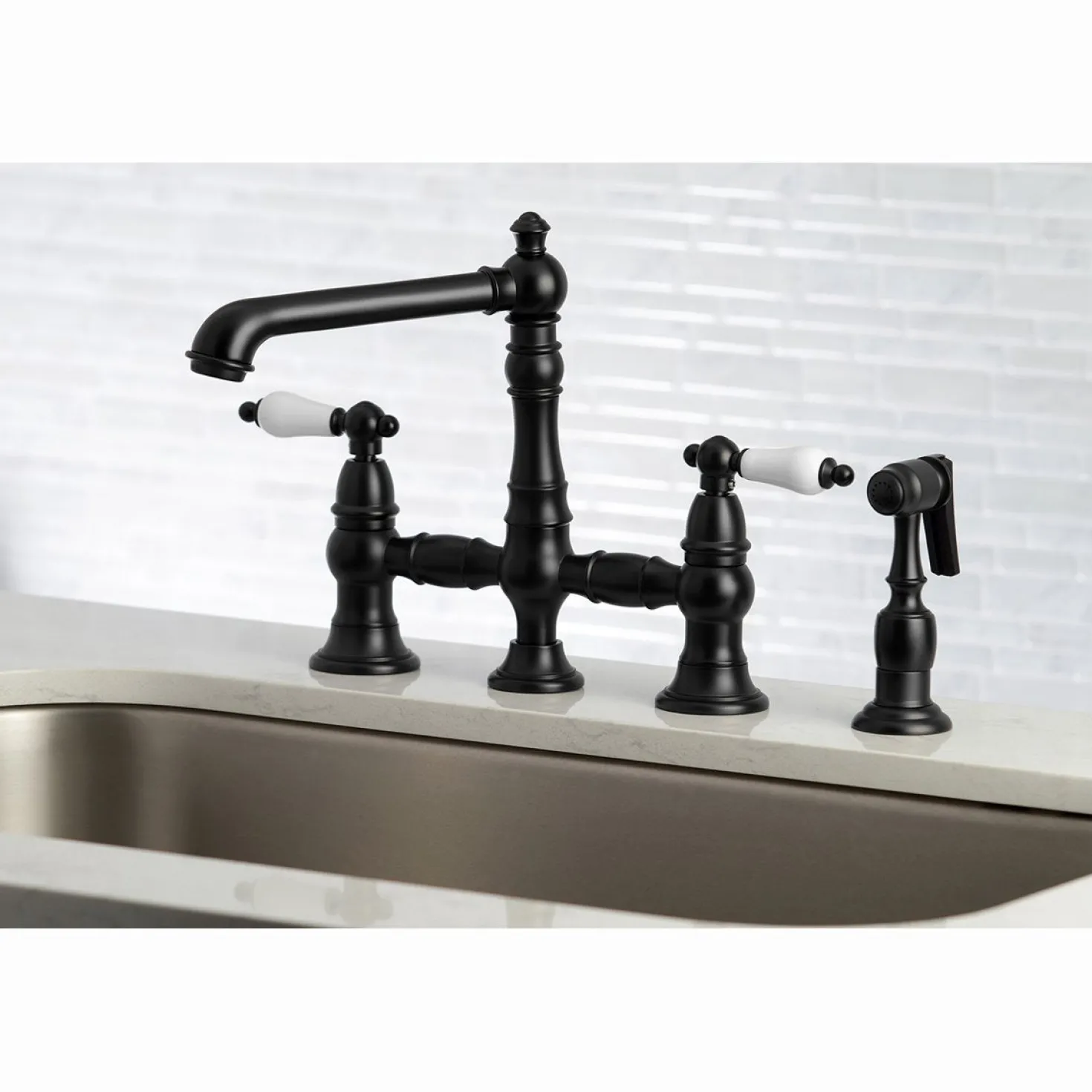 Kingston Brass English Country 4-Hole 8" Bridge Kitchen Faucet with Sprayer