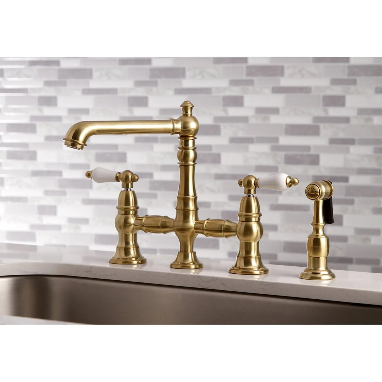 Kingston Brass English Country 4-Hole 8" Bridge Kitchen Faucet with Sprayer