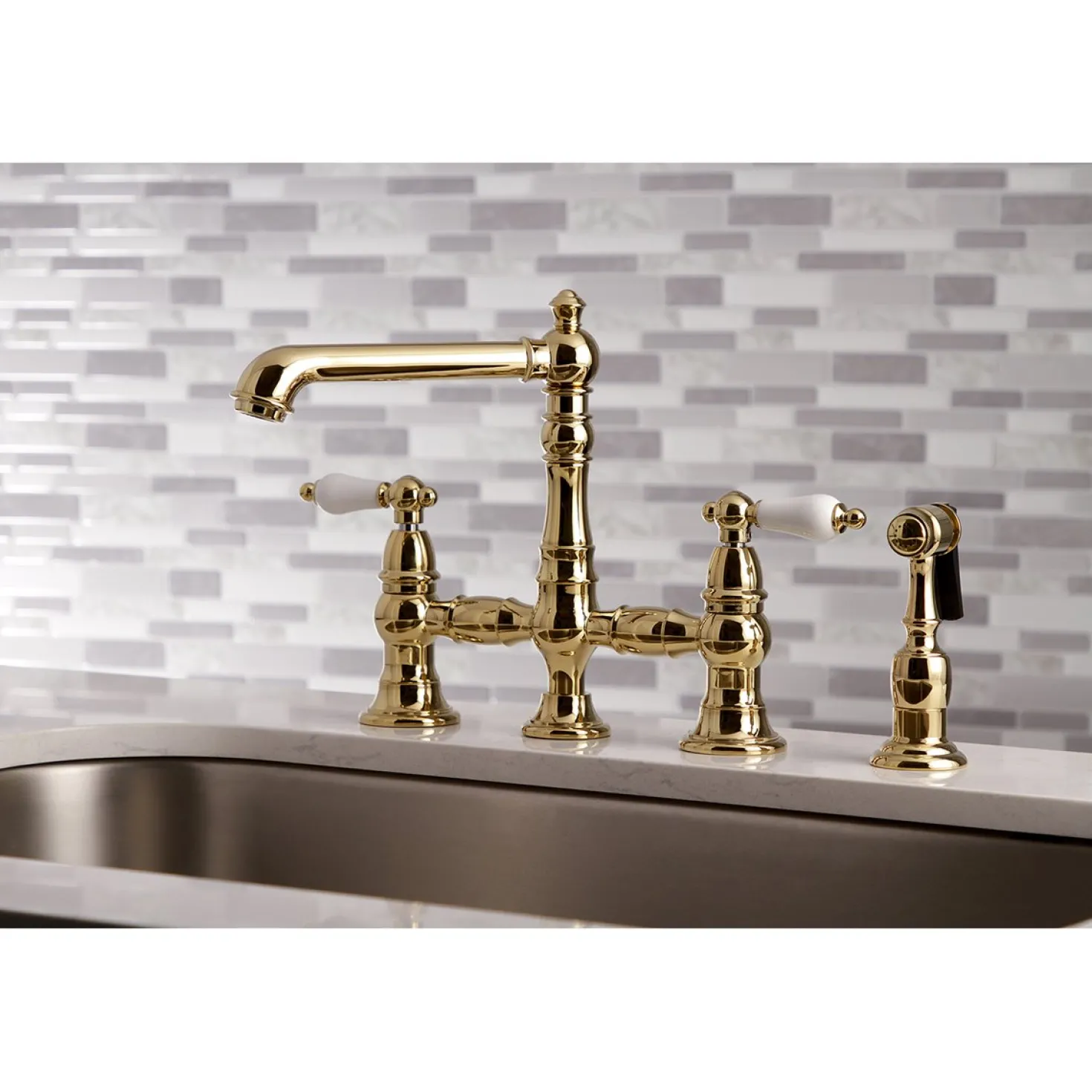 Kingston Brass English Country 4-Hole 8" Bridge Kitchen Faucet with Sprayer