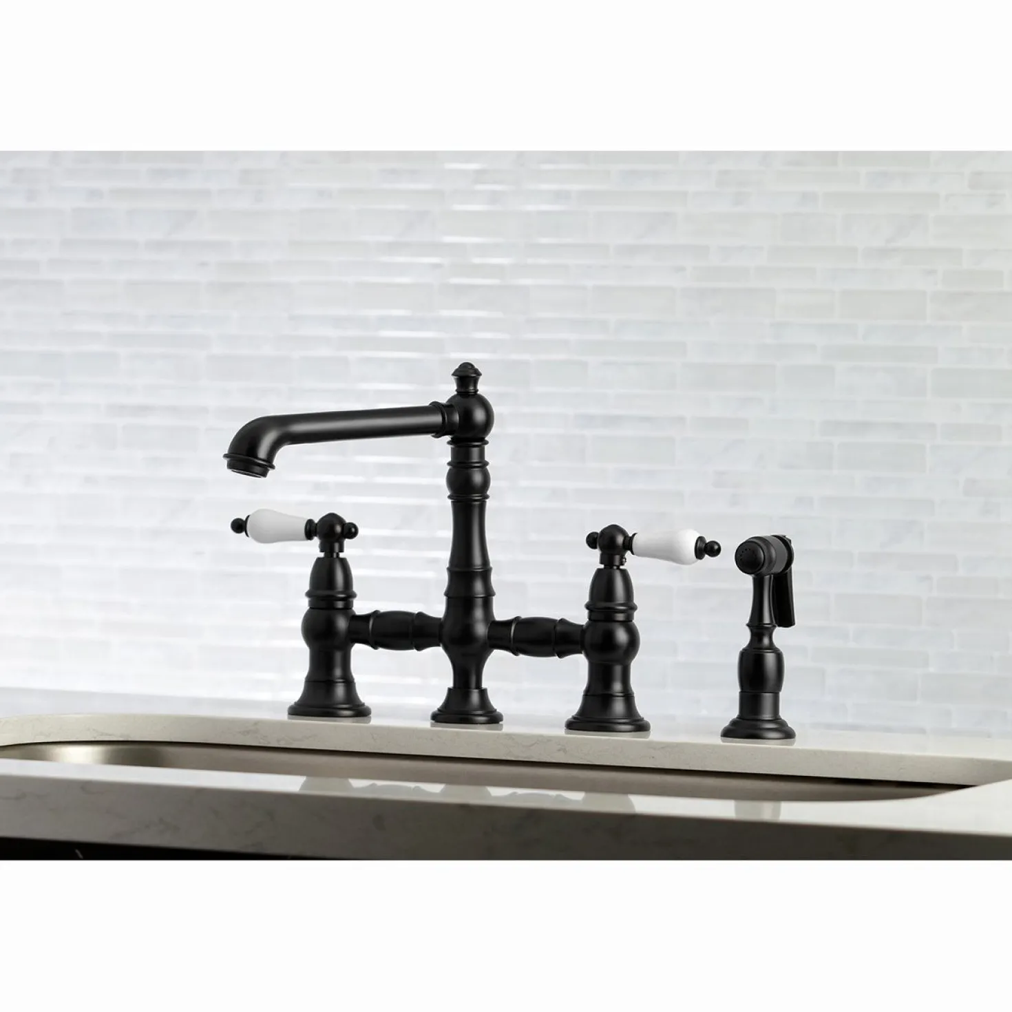 Kingston Brass English Country 4-Hole 8" Bridge Kitchen Faucet with Sprayer